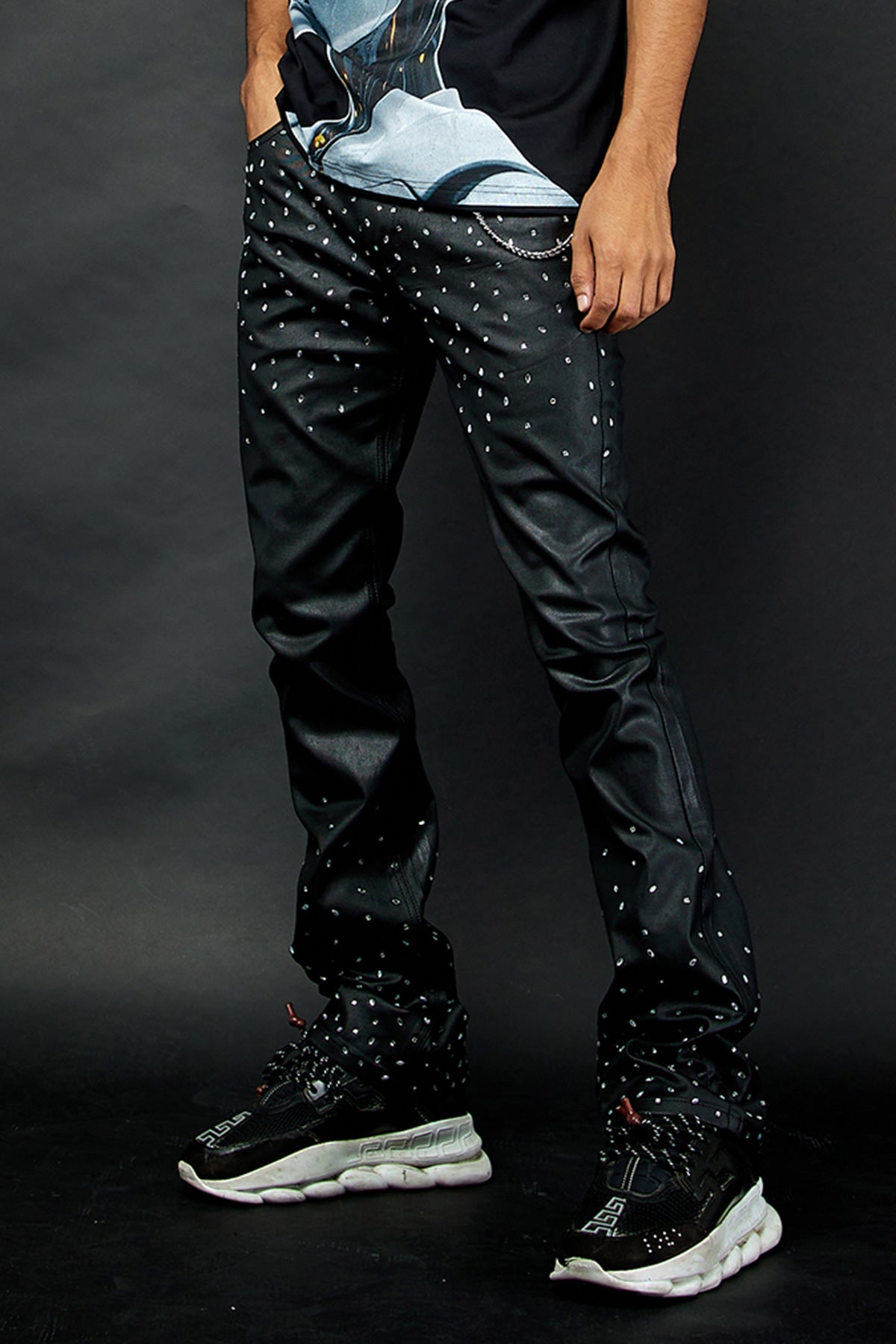 Men's Abyss Rhinestone Waxed Jeans - Textured Skinny Flare