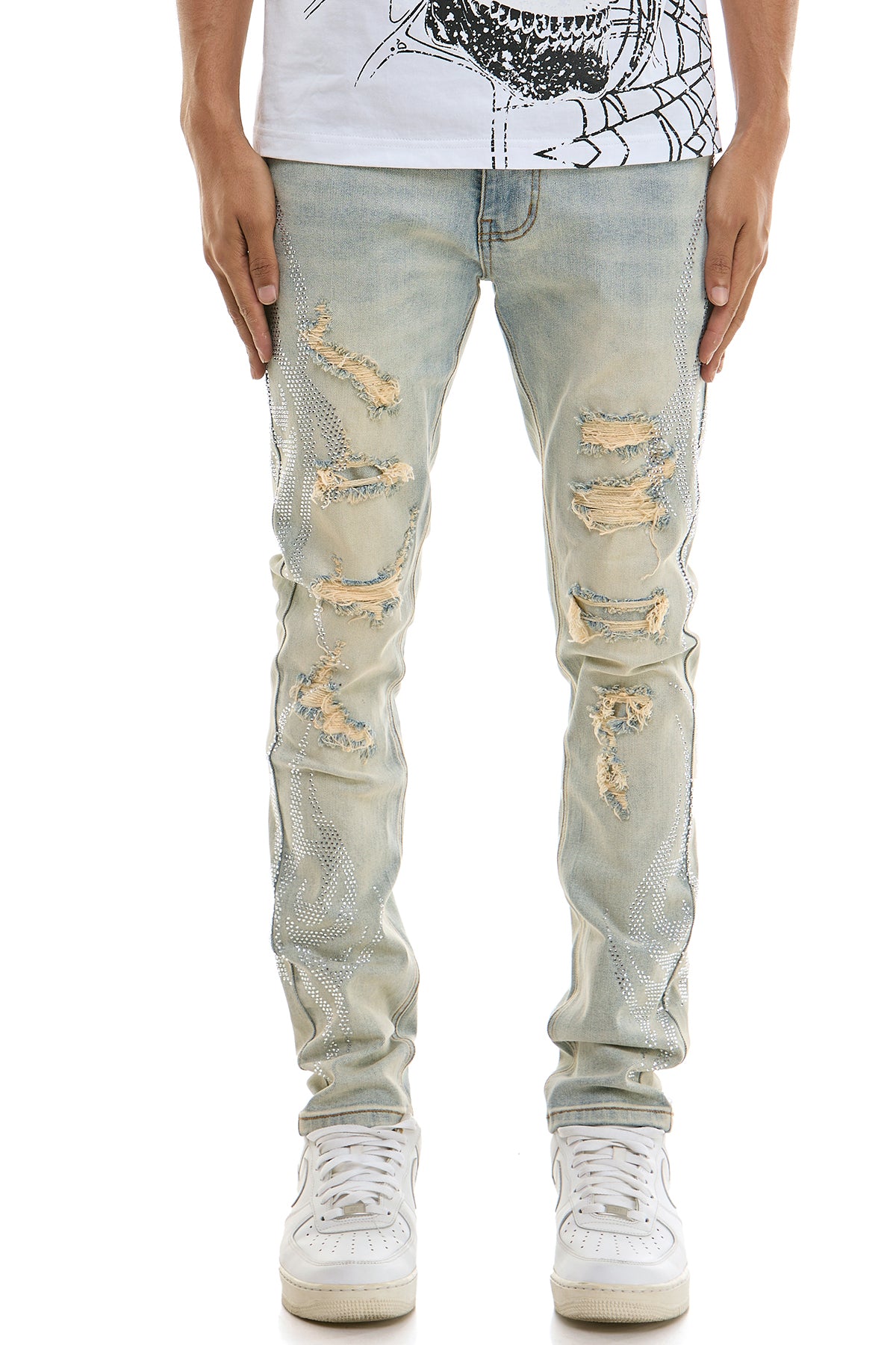 Men's Light Blue Tribal Rhinestone Skinny Jeans - Distressed Denim