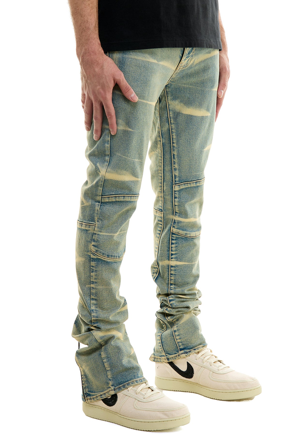 5-pocket skinny stacked jeans in stretch denim  Long zippers in back of bottom parts of pants w/ *backing inside