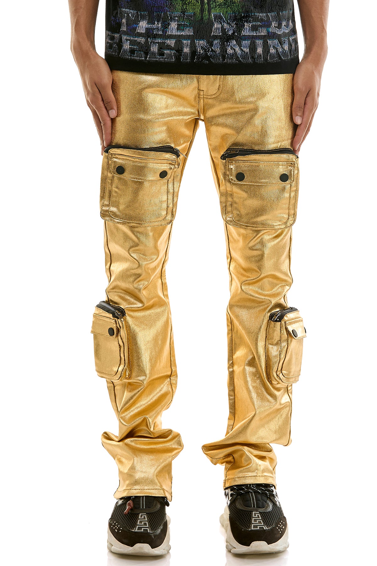Men's Gold Cargo Skinny Flare Jeans - Metallic 3D Pockets