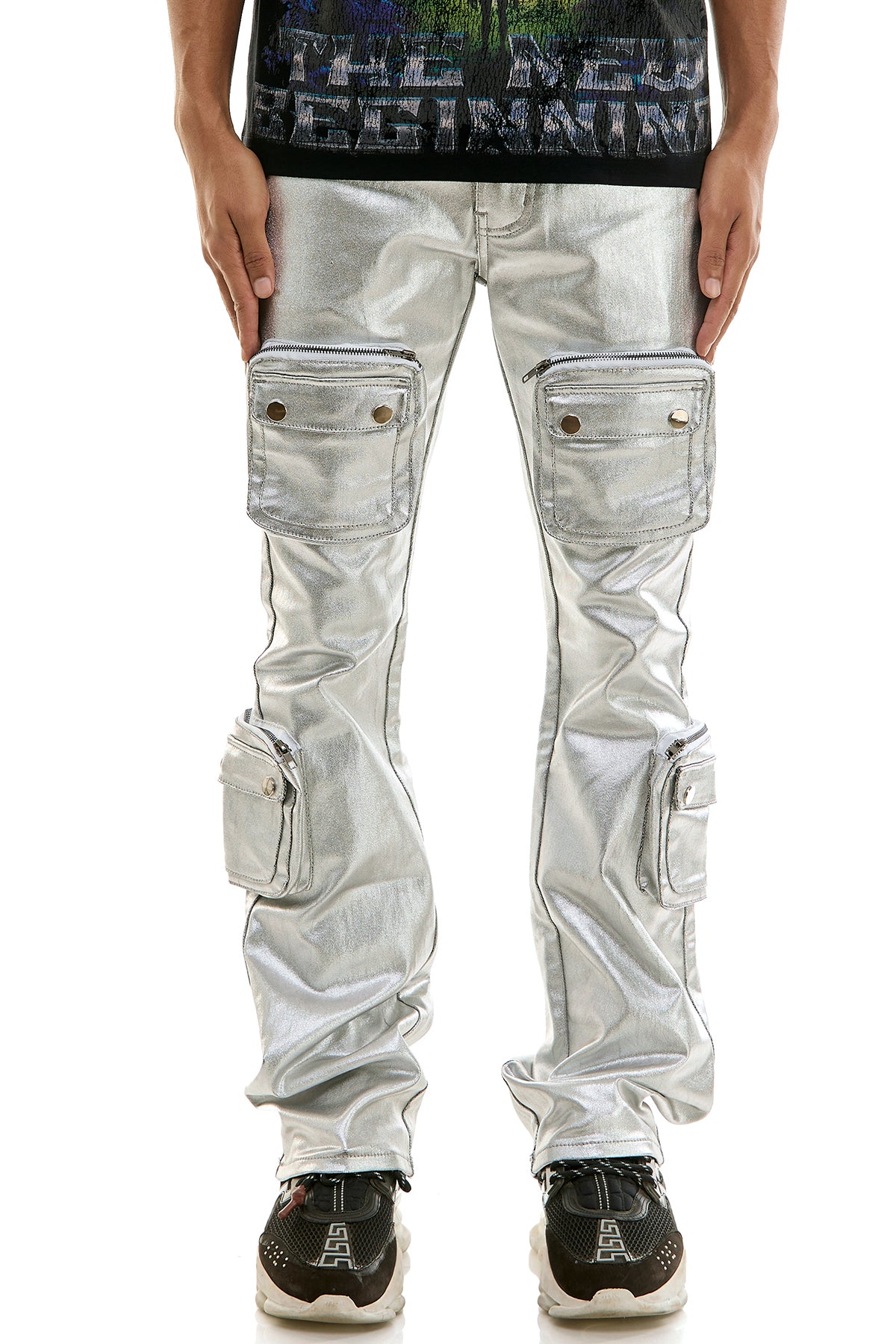 Men's Silver Cargo Skinny Flare Jeans - Metallic 3D Pockets
