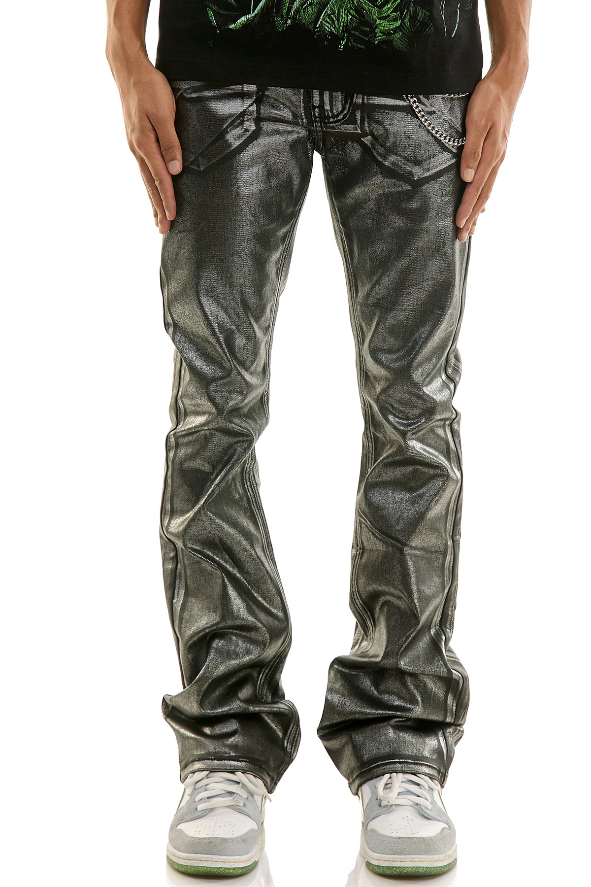 Men's Chrome Skinny Flare Pants - Black Metallic Foil Denim