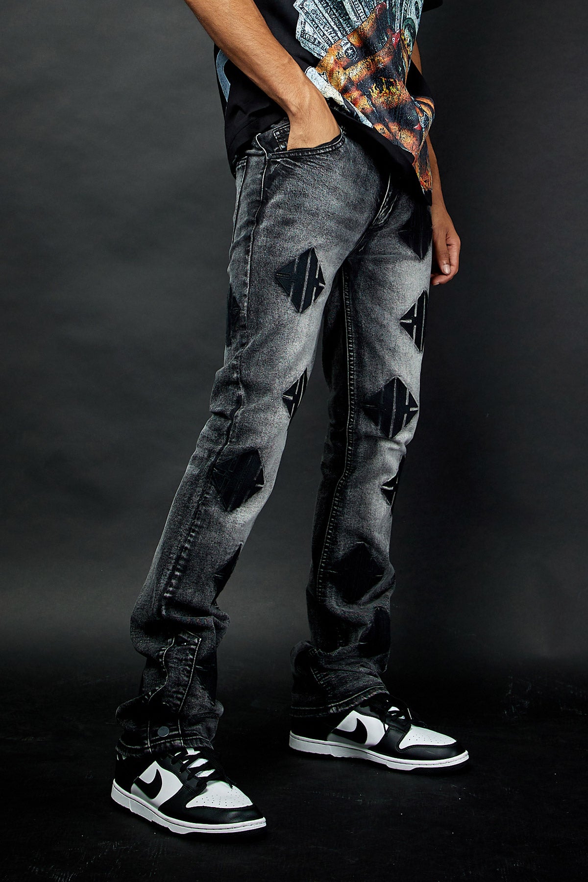Men's Grey Embroidered Jeans - Skinny Flare Geometric Denim