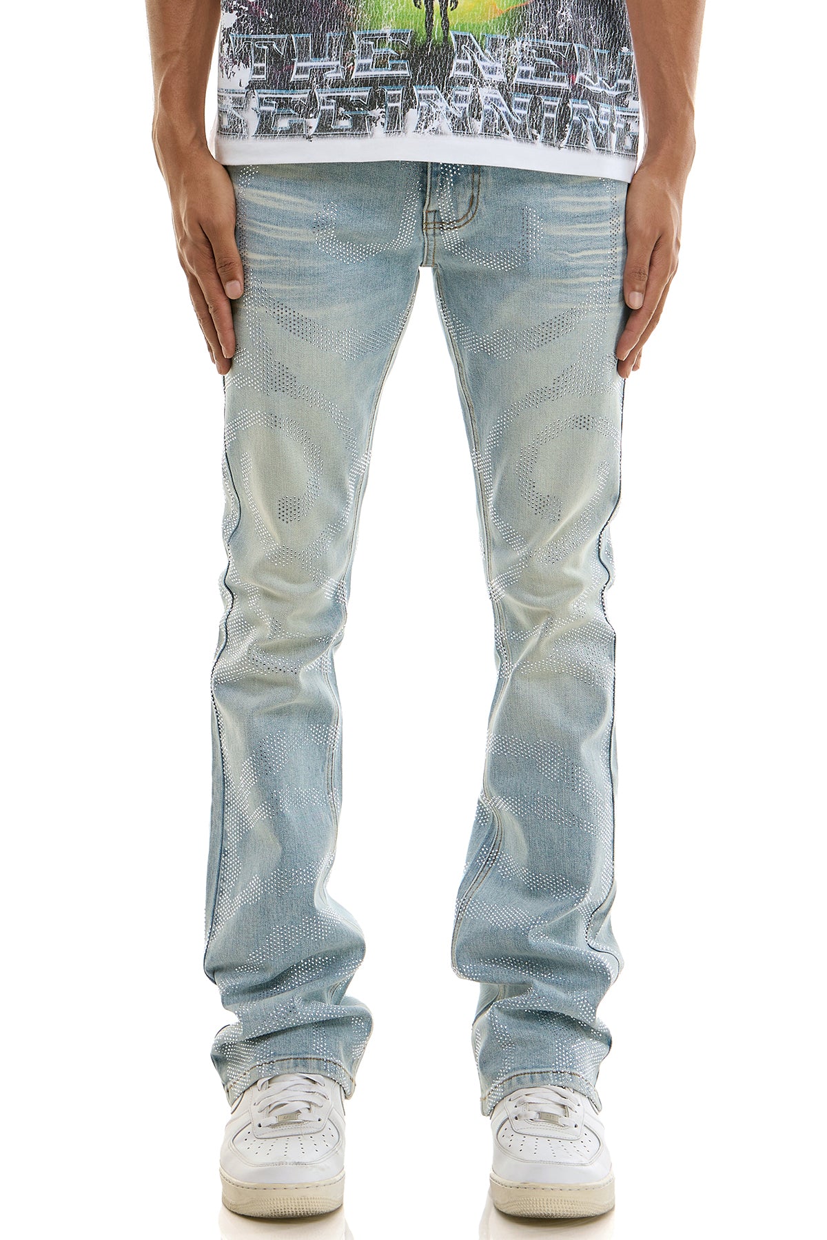 Men's Diamond Rhinestone Skinny Flare Jeans - Blue Denim | KND4896