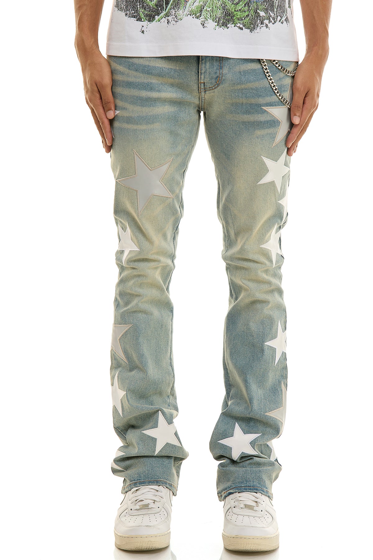 Men's Astro Skinny Flare Jeans - Light Blue Star Patch Denim