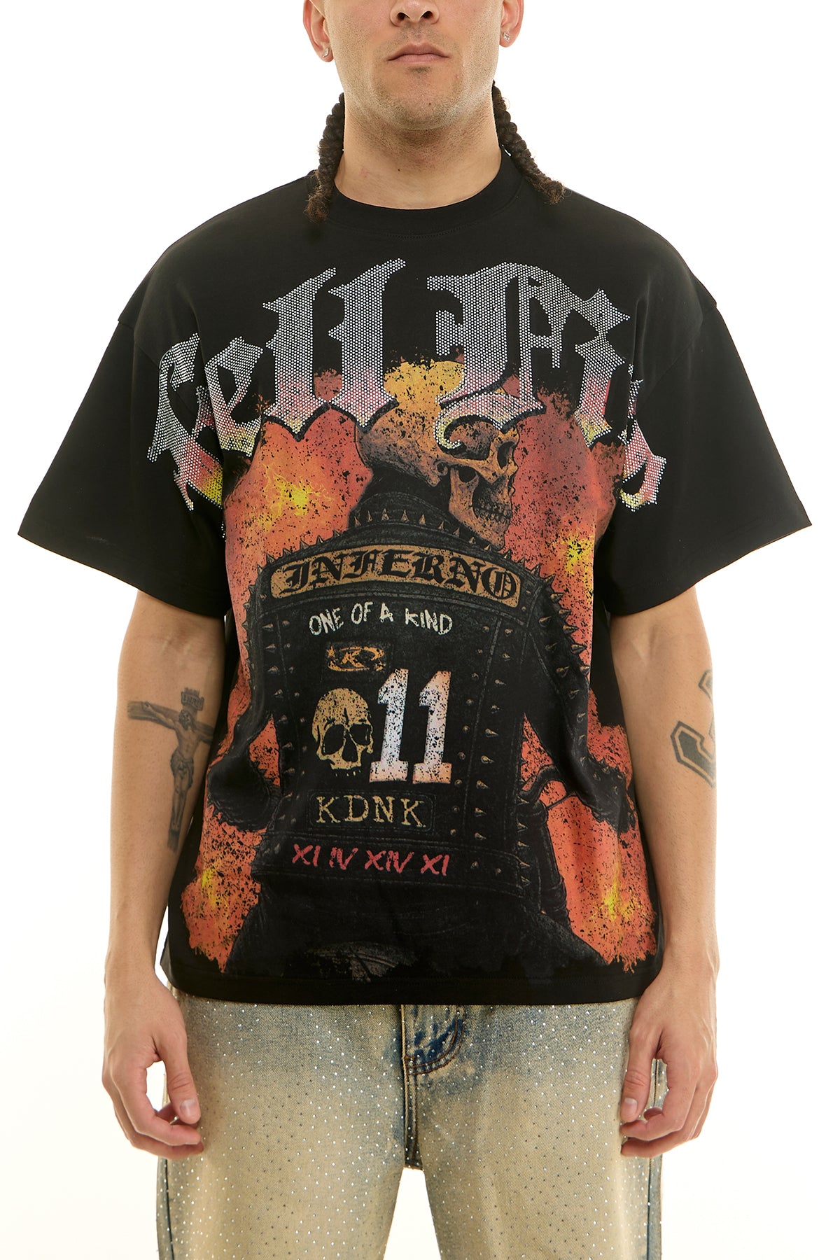 Men's Hell Fire Rhinestone T-Shirt - Black & White | KNT096 – KDNK