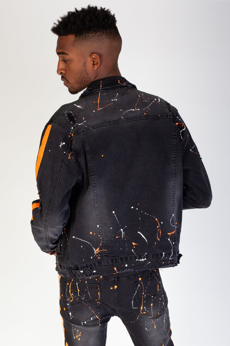 Paint Striped Denim Jacket w/ Neon Paints Splatter (Dark Medium Gray) (4417743781990)