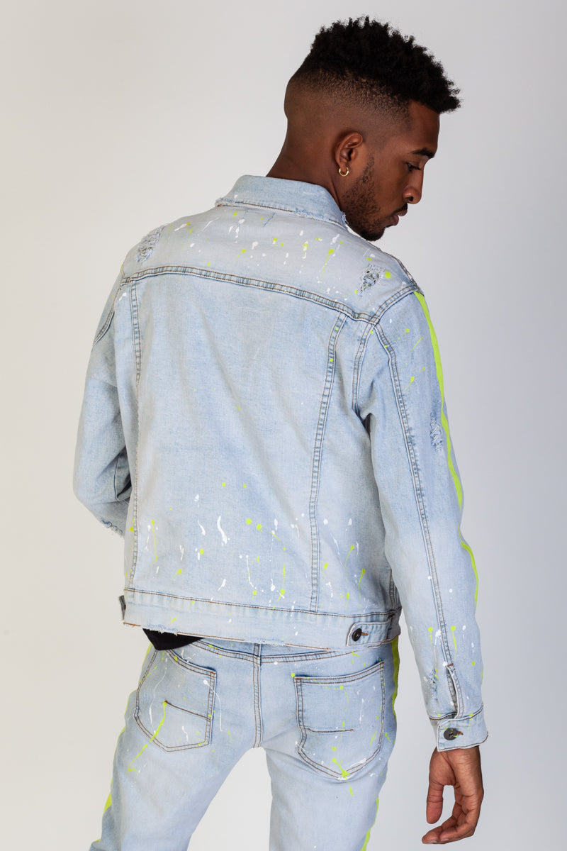 Paint Striped Denim Jacket w/ Neon Paints Splatter (Light Blue) (4417744765030)