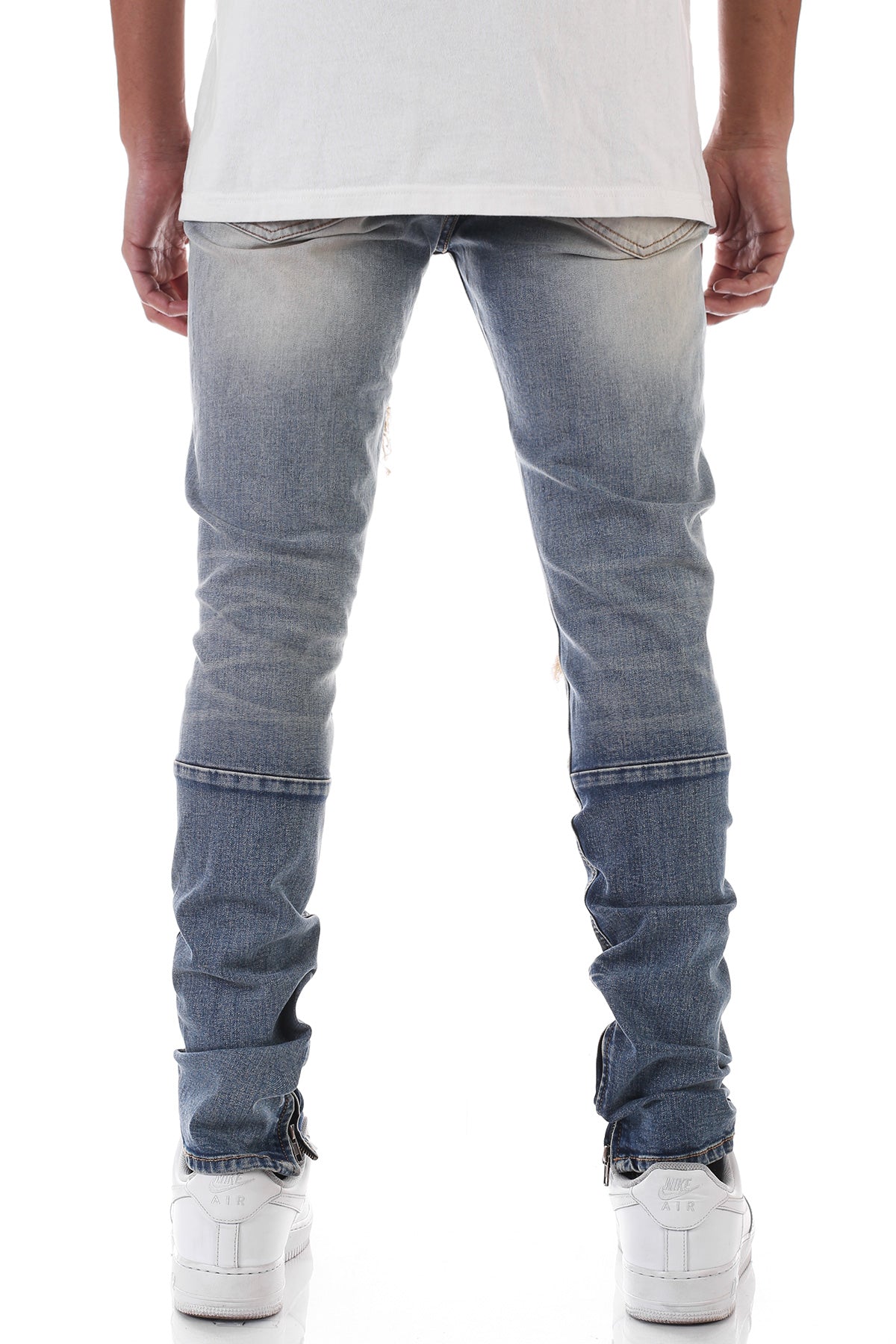 Blue ankle zip denim jean with white biker underpatch