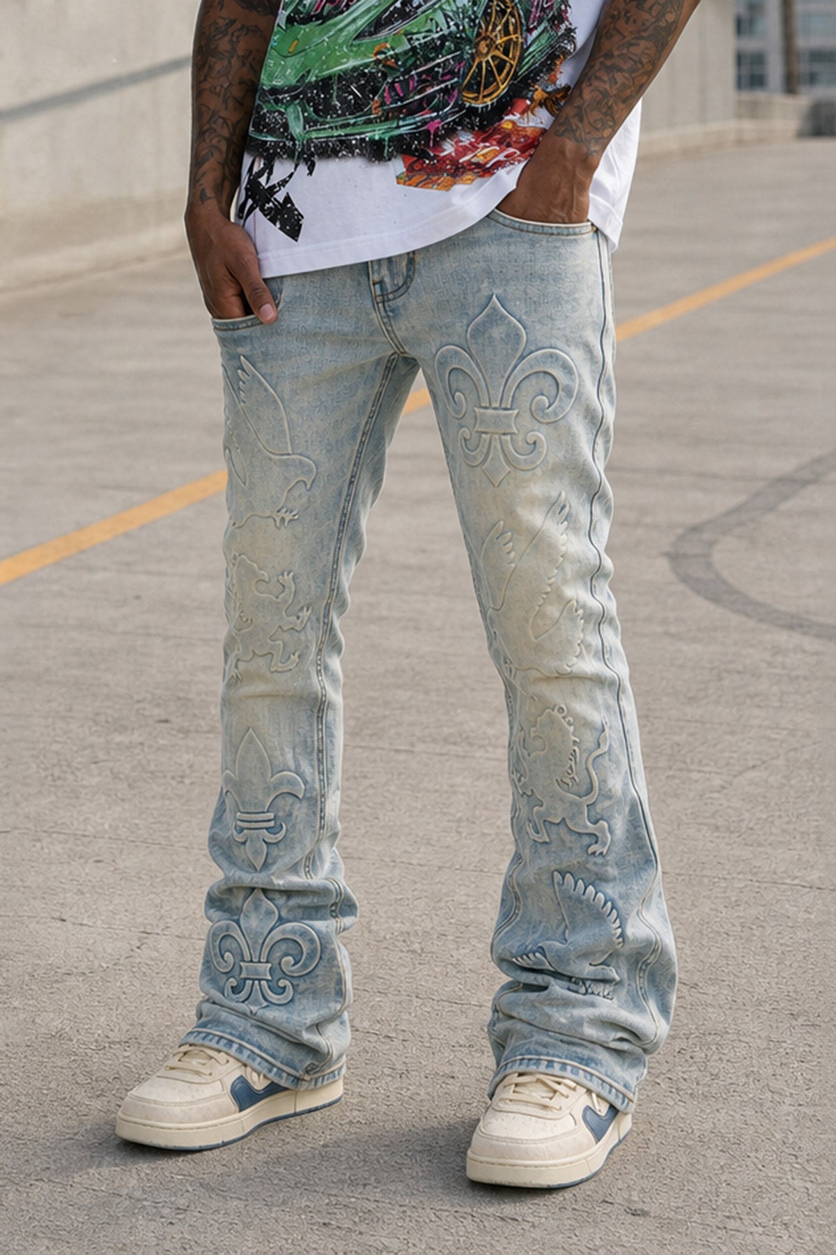 Men's Royalty 3D Embossed Skinny Flare Jeans - Medium Blue