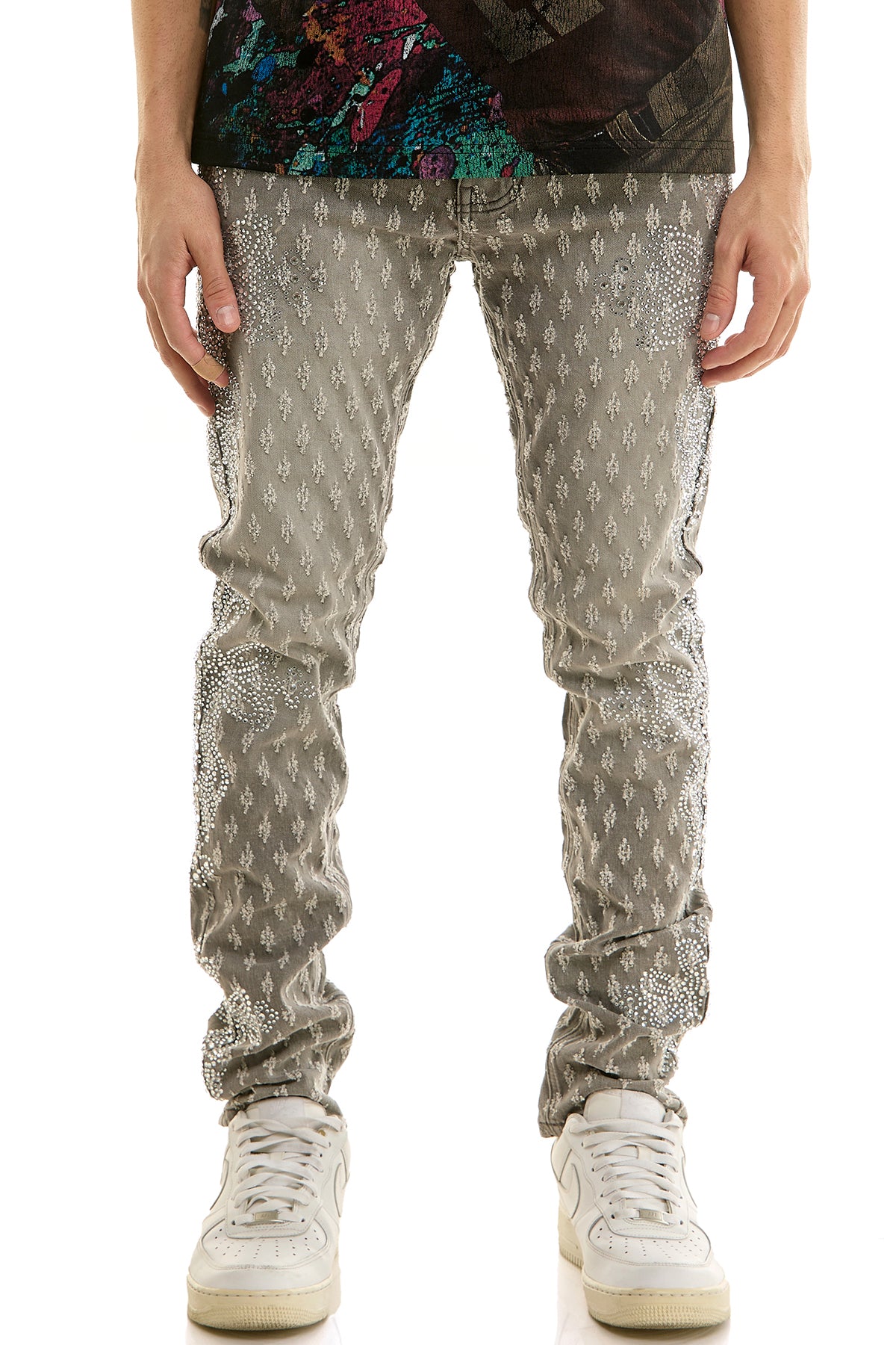 Men's Jacquard Cross Rhinestone Skinny Jeans - Grey | KND4952 – KDNK