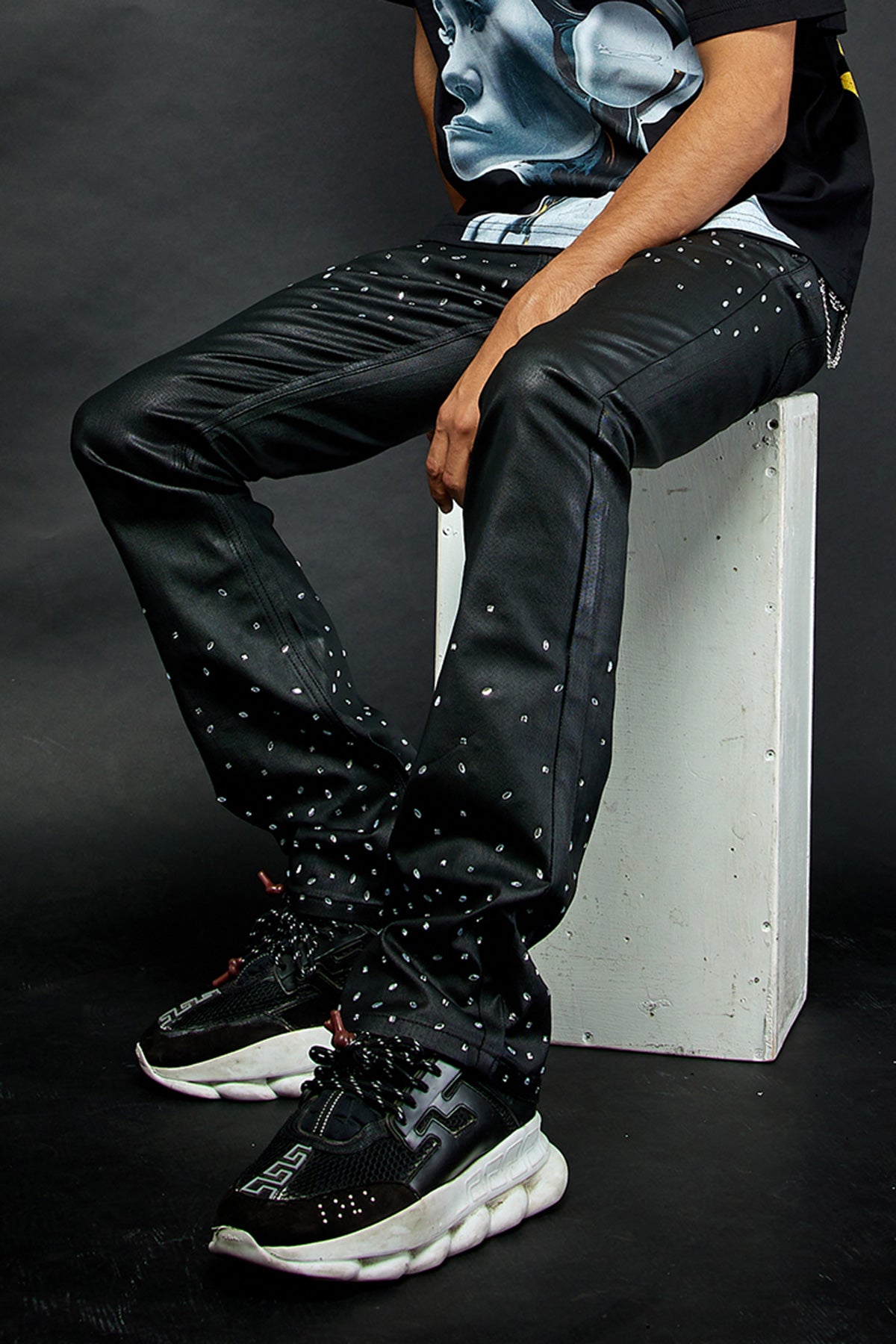 Men's Abyss Rhinestone Waxed Jeans - Textured Skinny Flare