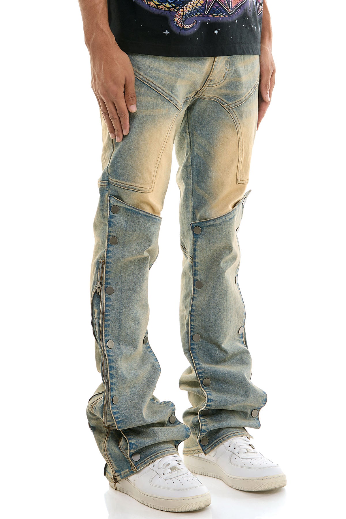 SEMI FLARE DENIM【yilon】 Men's Vintage Blue Zipper Flare Jeans - Double Layered Denim