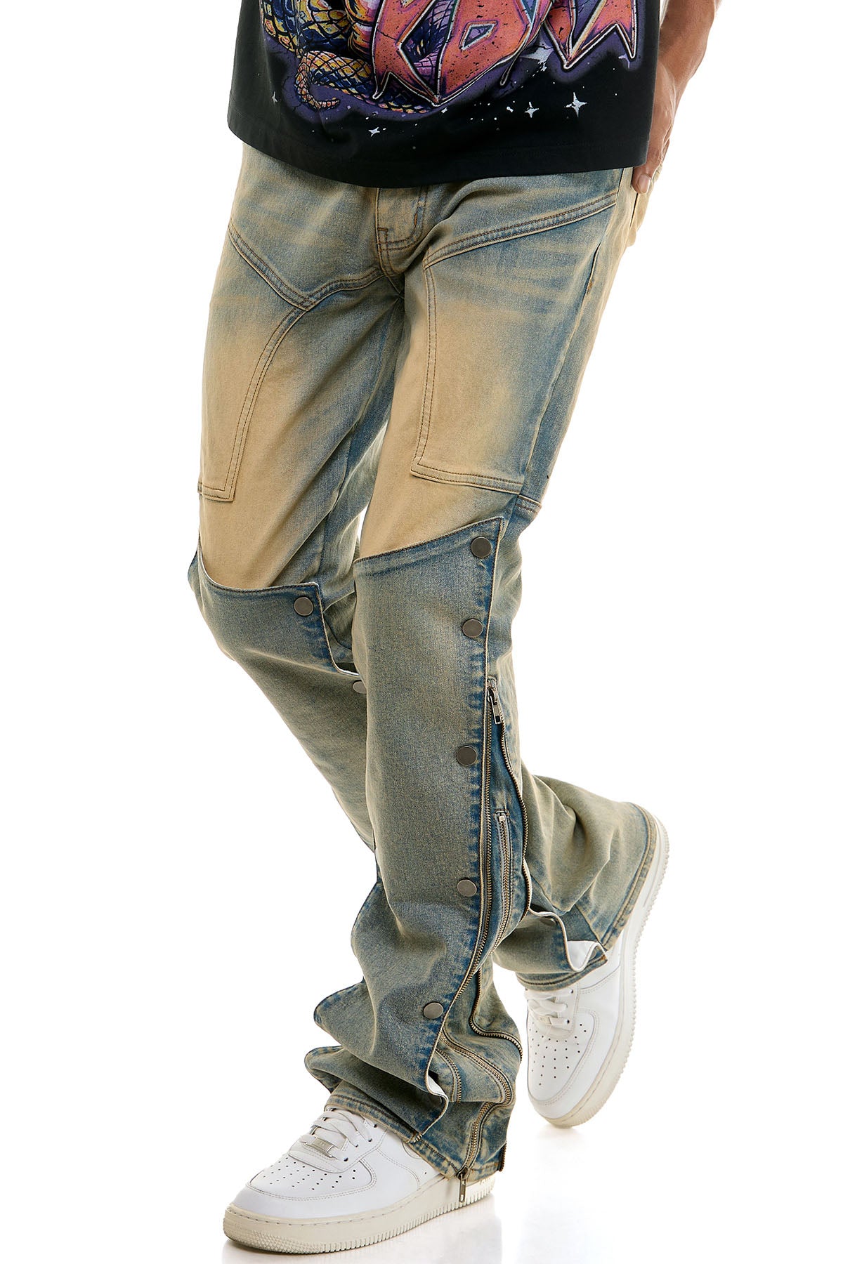 Men's Vintage Blue Zipper Flare Jeans - Double Layered Denim