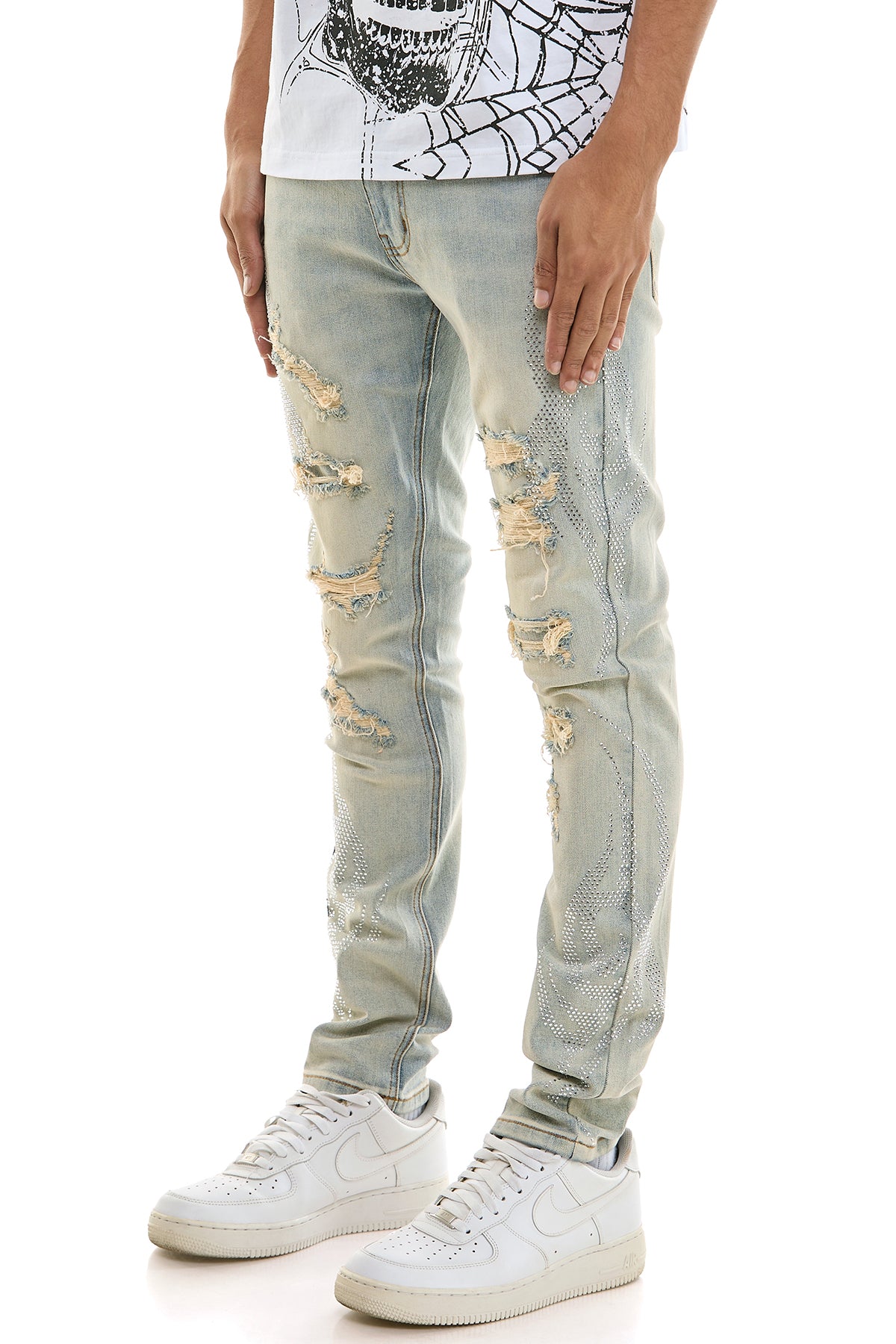 Men's Light Blue Tribal Rhinestone Skinny Jeans - Distressed Denim