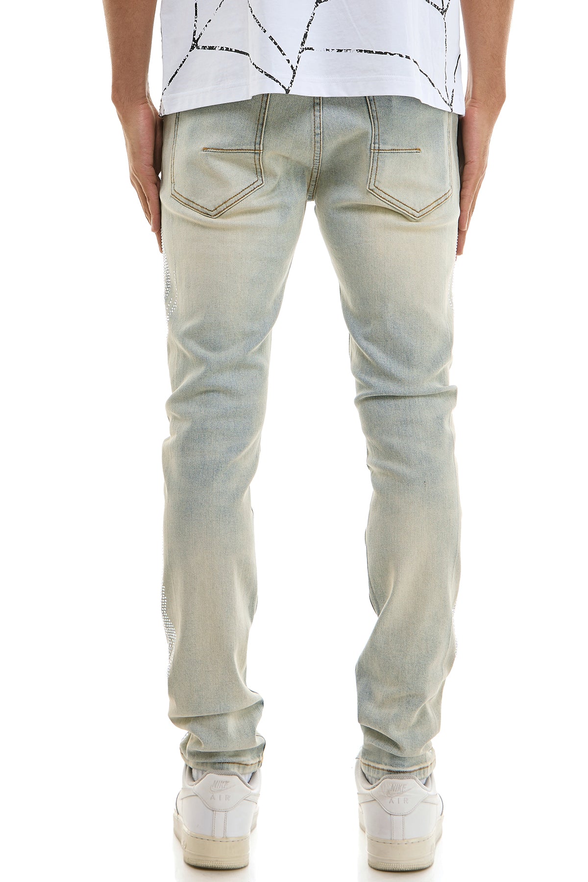 Men's Light Blue Tribal Rhinestone Skinny Jeans - Distressed Denim