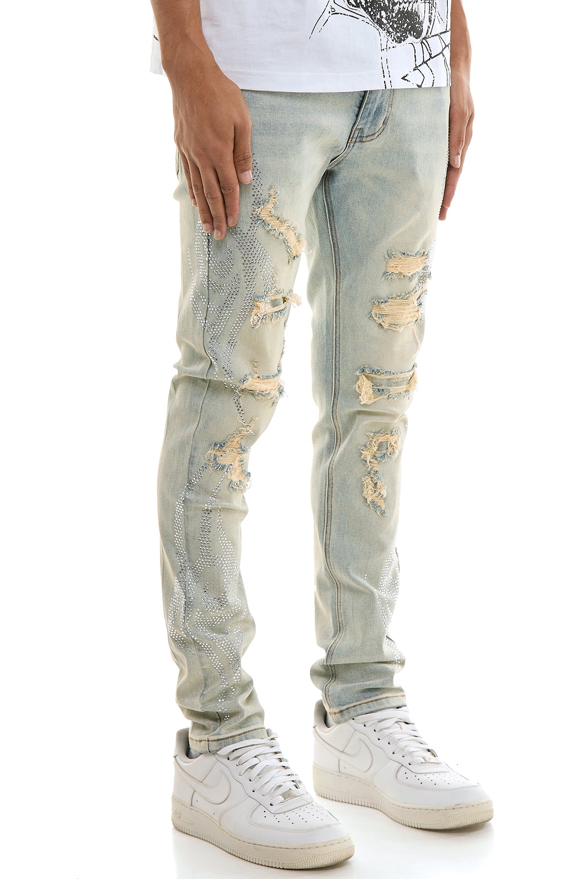 その他 dnk Men's Light Blue Tribal Rhinestone Skinny Jeans - Distressed Denim