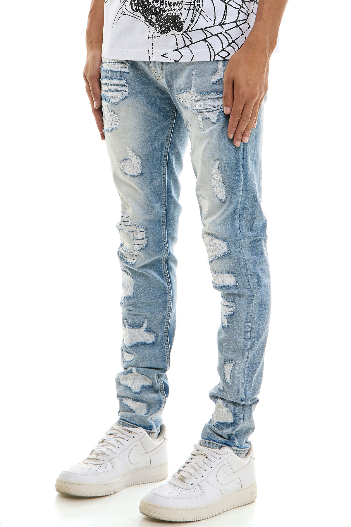 Men's Light Blue Ripped Skinny Jeans - Distressed Denim | KND4873