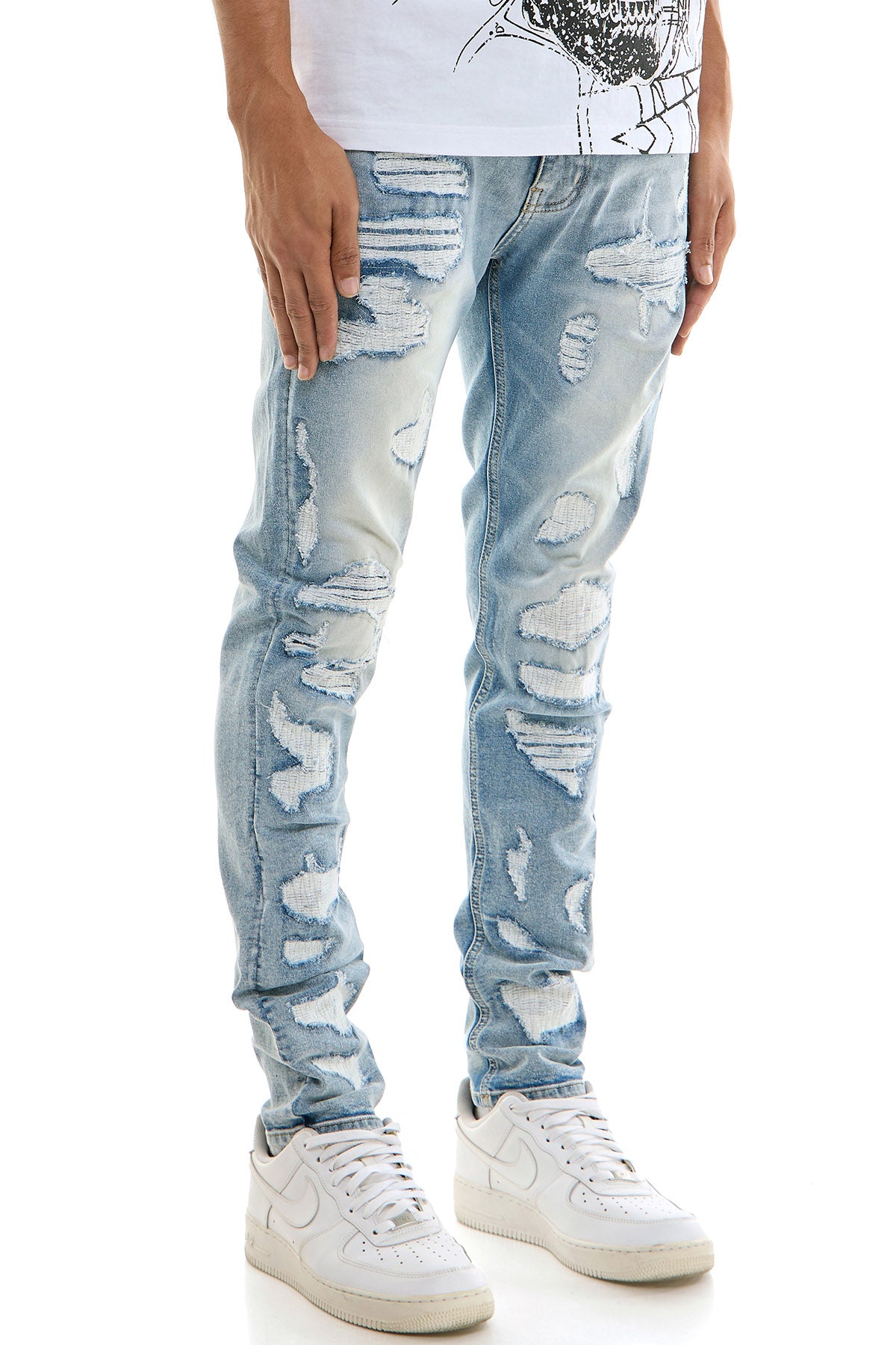 Men's Light Blue Ripped Skinny Jeans - Distressed Denim | KND4873