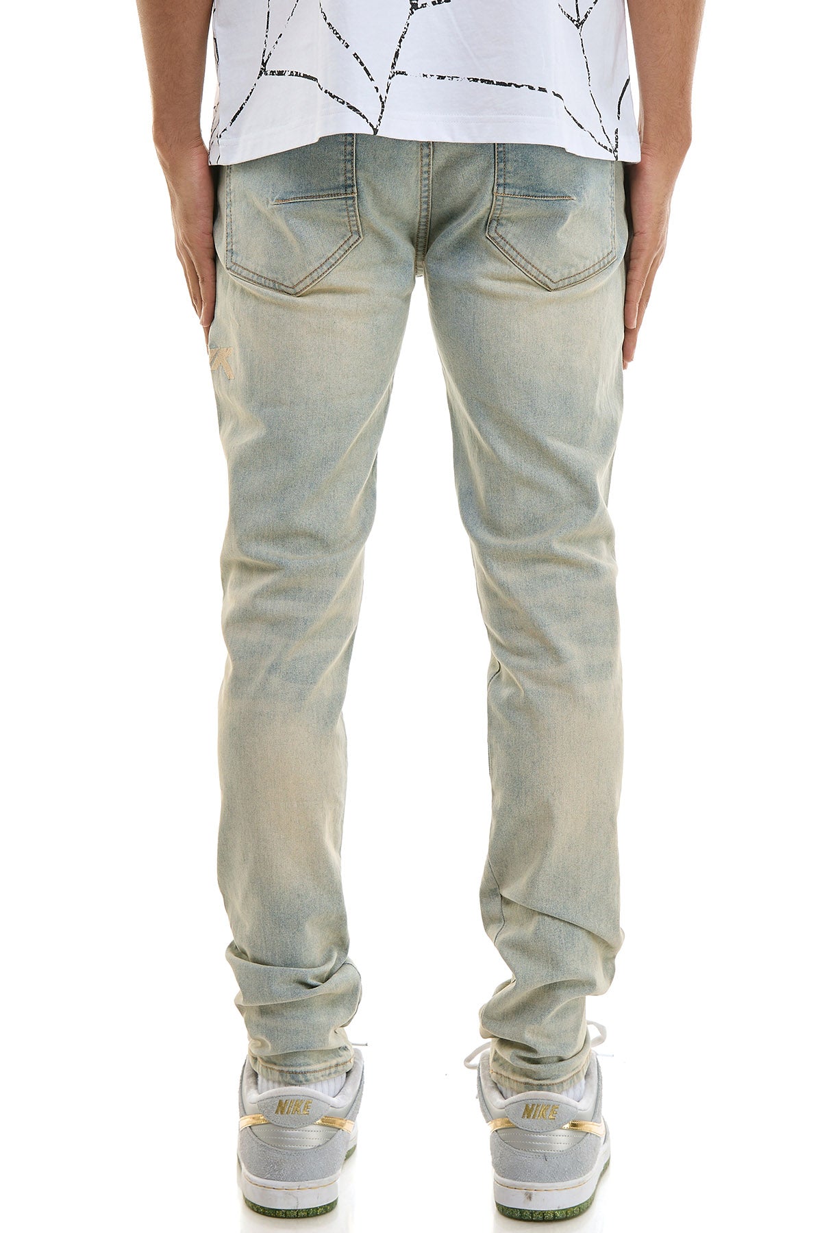 Men's Embroidered Ripped Jeans - Light Blue Distressed Denim