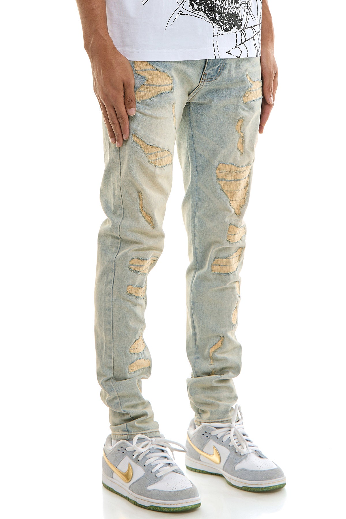 Men's Embroidered Ripped Jeans - Light Blue Distressed Denim