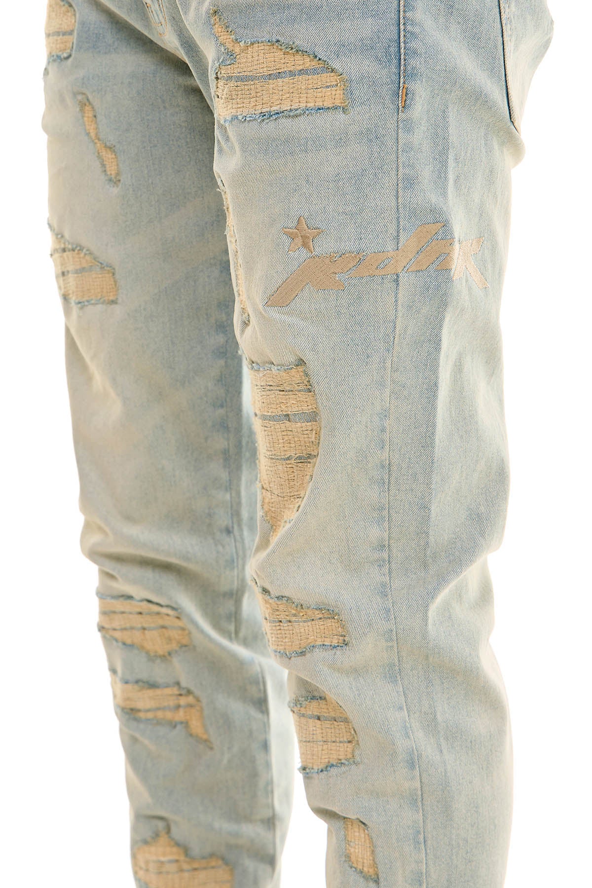 Men's Embroidered Ripped Jeans - Light Blue Distressed Denim