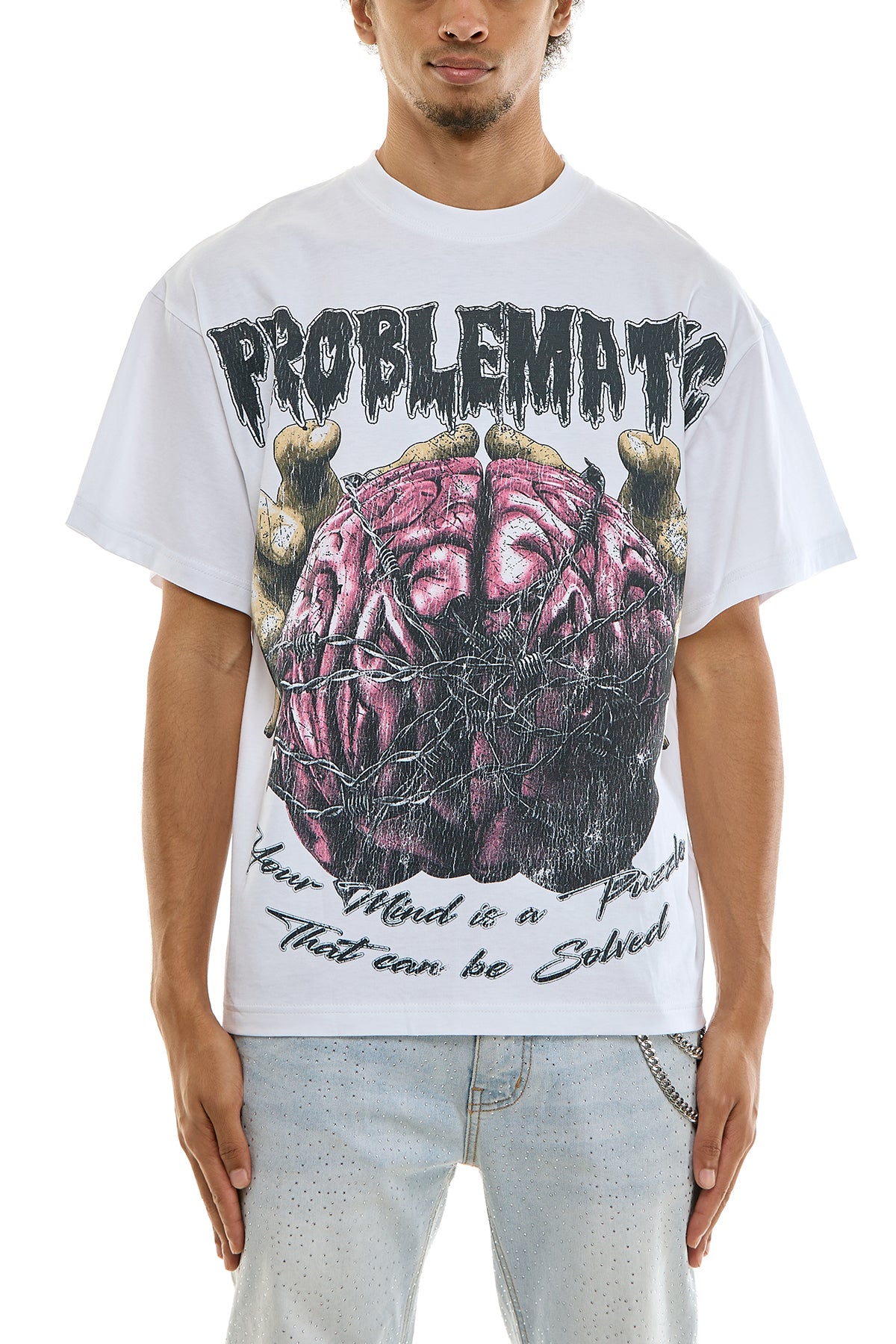 Men's White Problematic T-Shirt - Relaxed Fit Graphic Tee | KNT044 – KDNK
