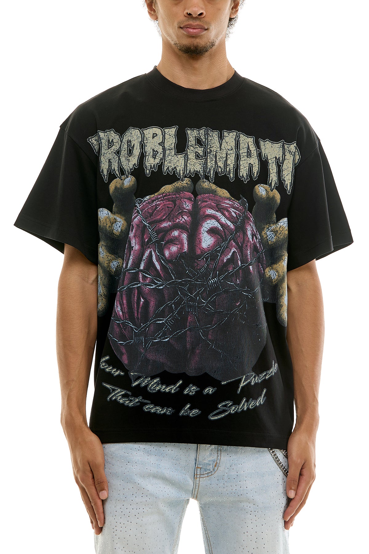 Men's Black Problematic T-Shirt - Relaxed Fit Brain Graphic Tee ...