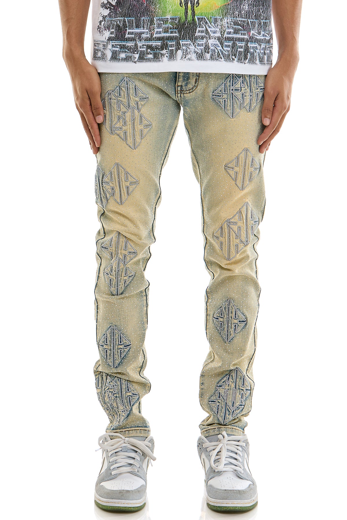 Men's Sigil Rhinestone Skinny Jeans - Embroidered Patch Denim