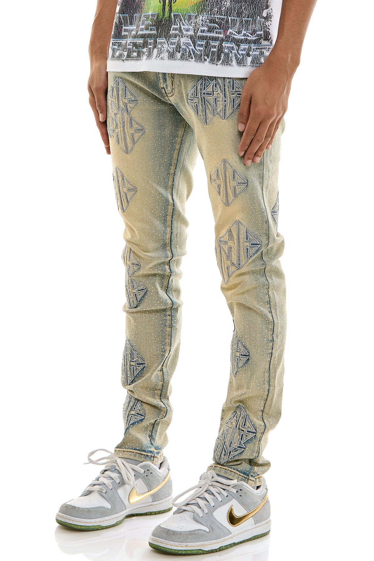 Men's Sigil Rhinestone Skinny Jeans - Embroidered Patch Denim