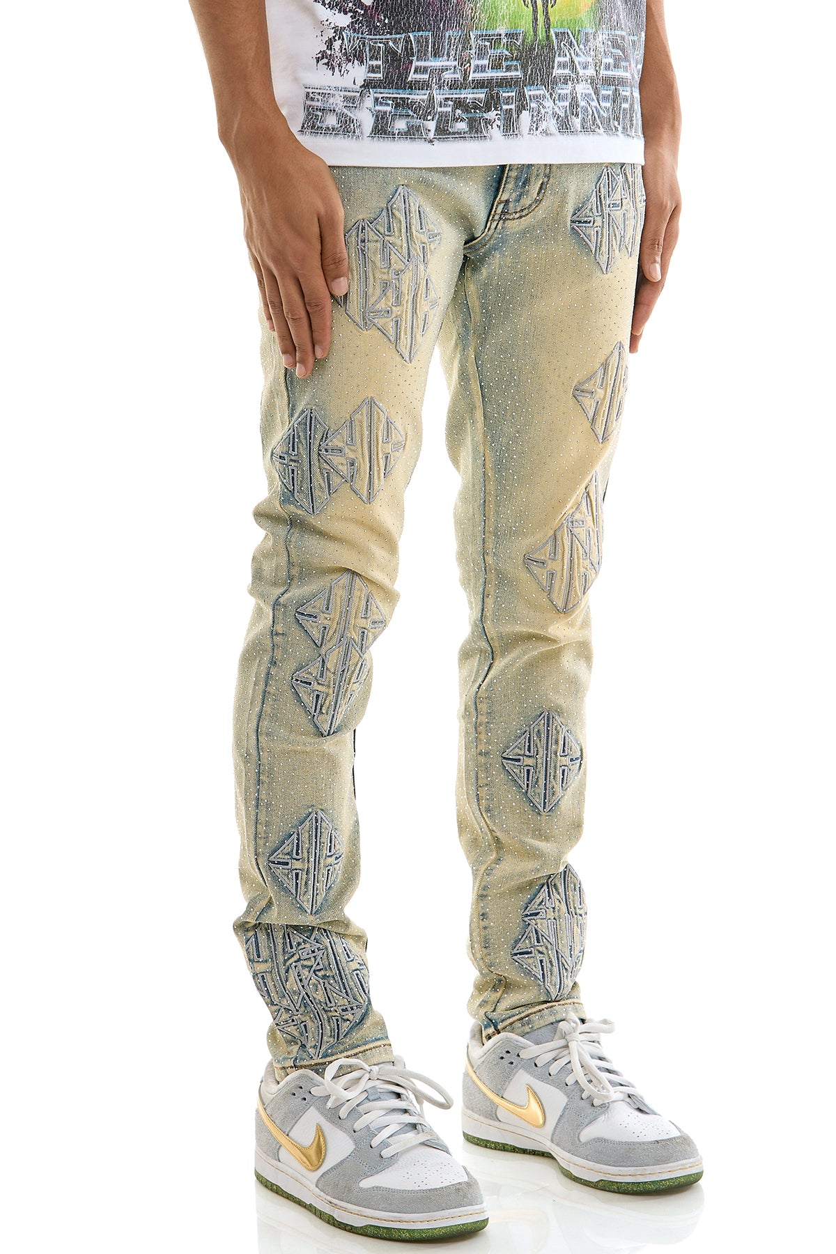 Men's Sigil Rhinestone Skinny Jeans - Embroidered Patch Denim
