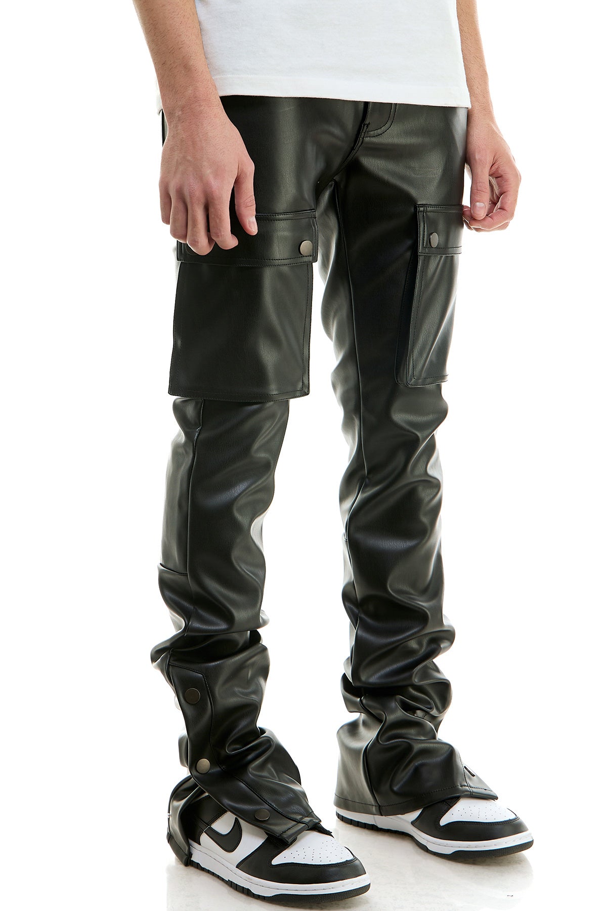 STACKED LEATHER SNAP PANTS