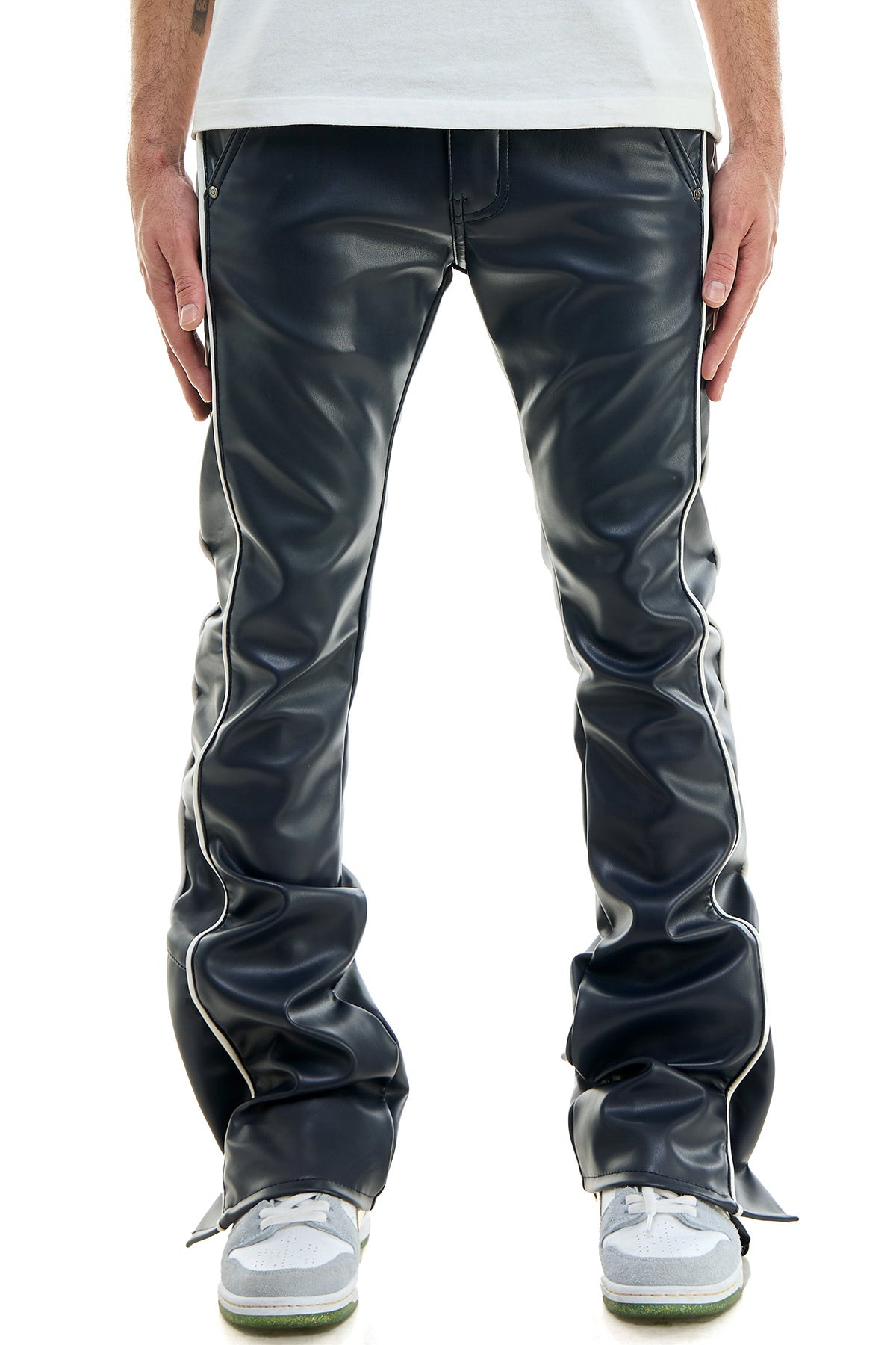 PIPED LEATHER FLARE PANTS