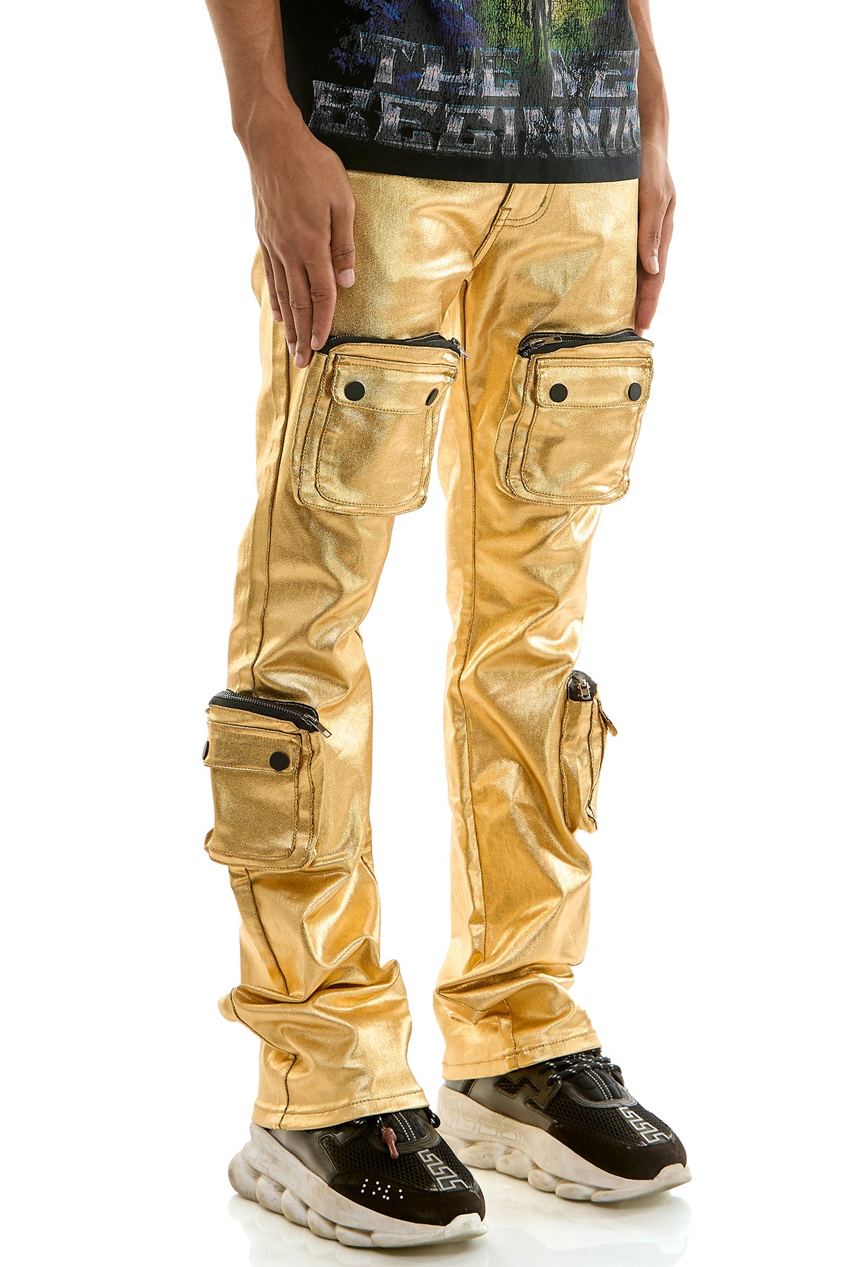 Men's Gold Cargo Skinny Flare Jeans - Metallic 3D Pockets
