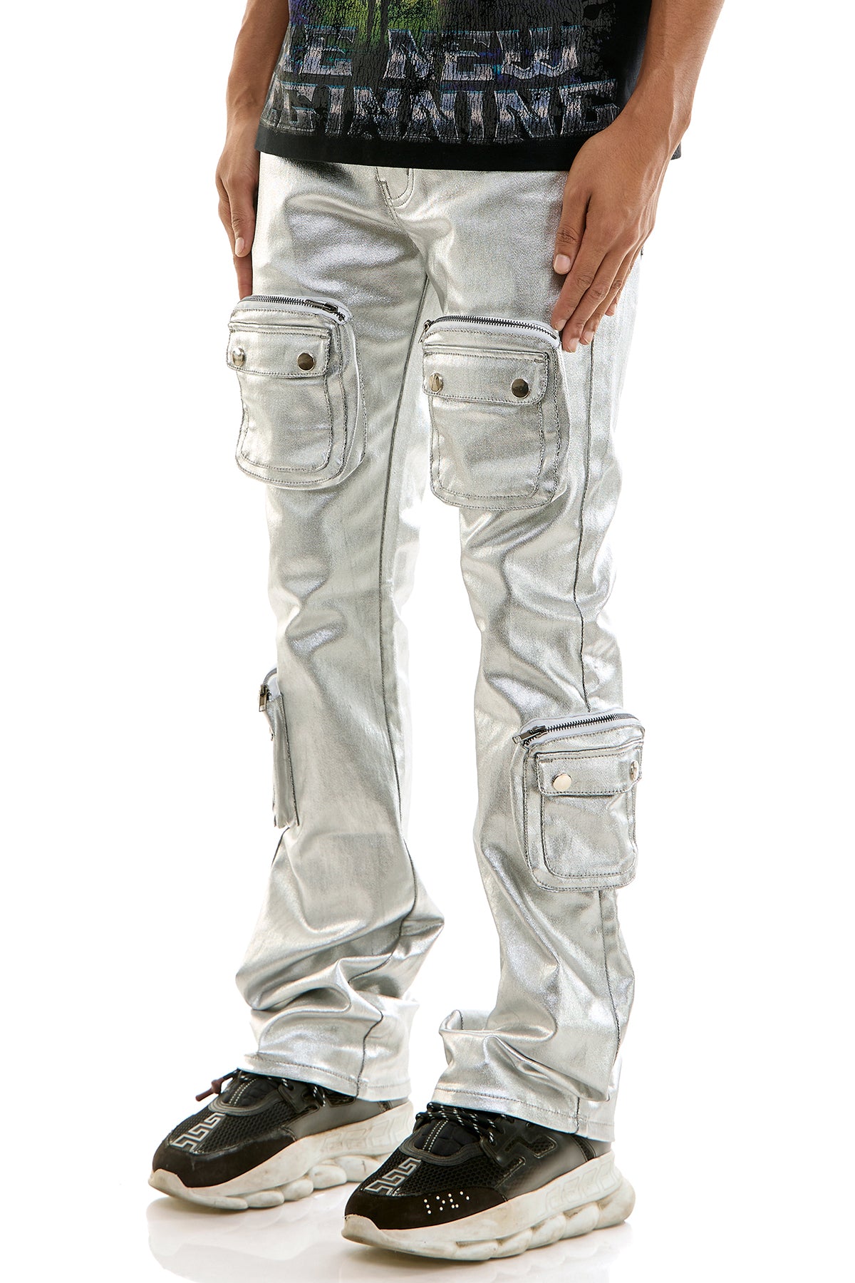 Men's Silver Cargo Skinny Flare Jeans - Metallic 3D Pockets