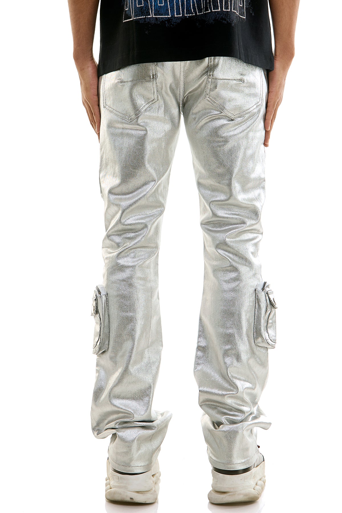 Men's Silver Cargo Skinny Flare Jeans - Metallic 3D Pockets