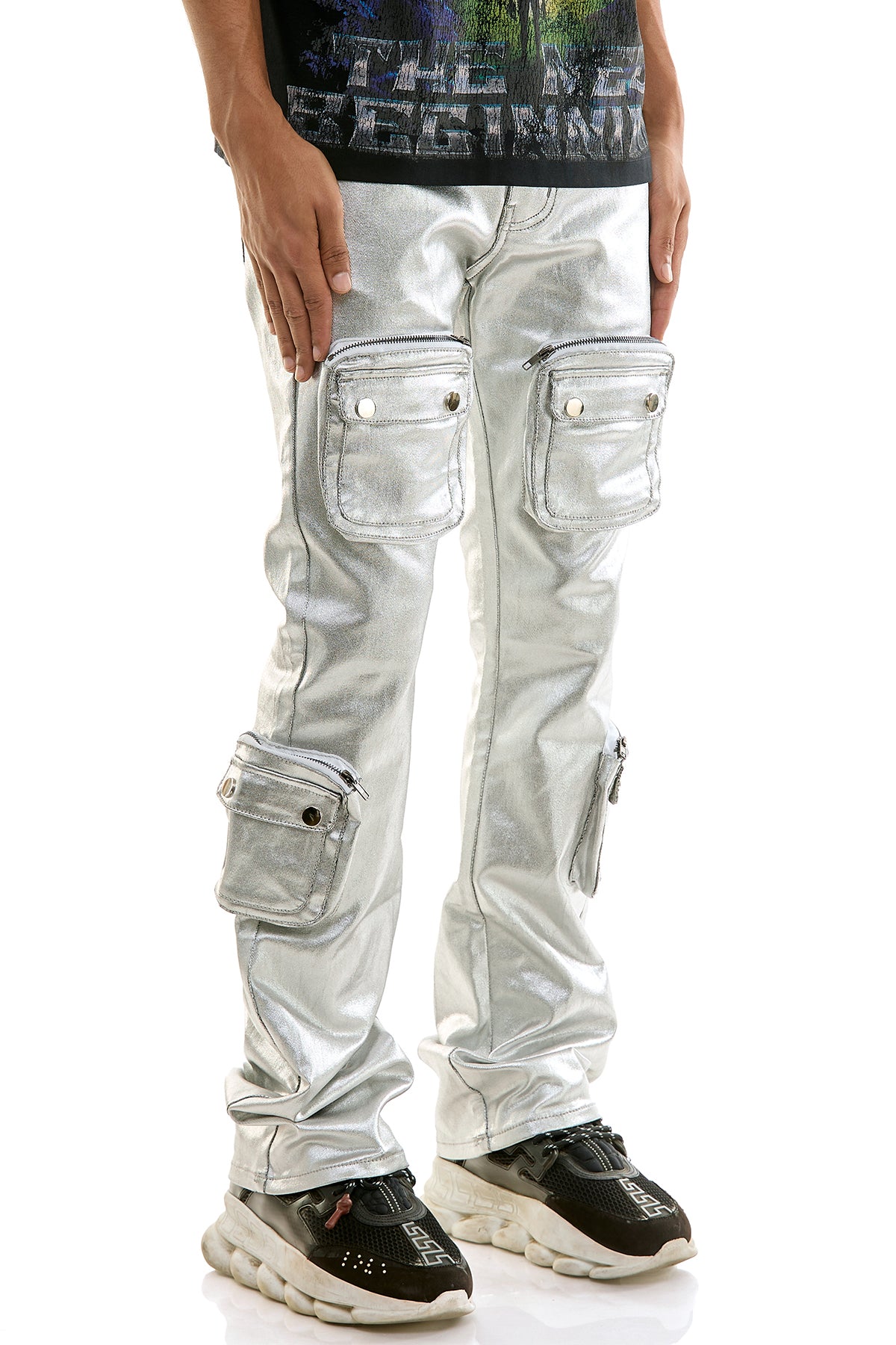 Men's Silver Cargo Skinny Flare Jeans - Metallic 3D Pockets