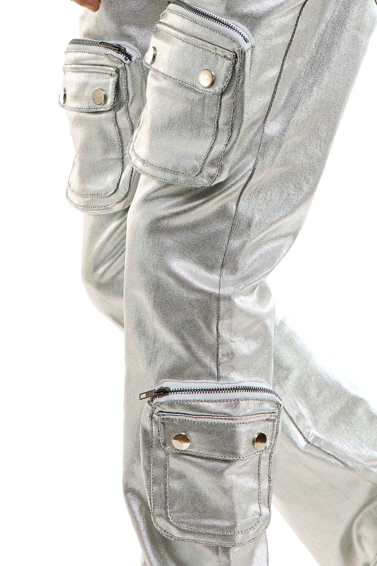 パンツ switch blade silver coating flare denim Men's Silver Cargo Skinny Flare Jeans - Metallic 3D Pockets