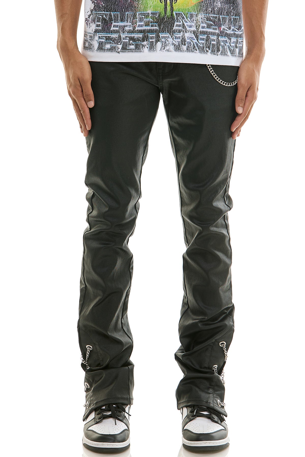 Men's Chain Waxed Stacked Jeans - Side Detail Black Pants
