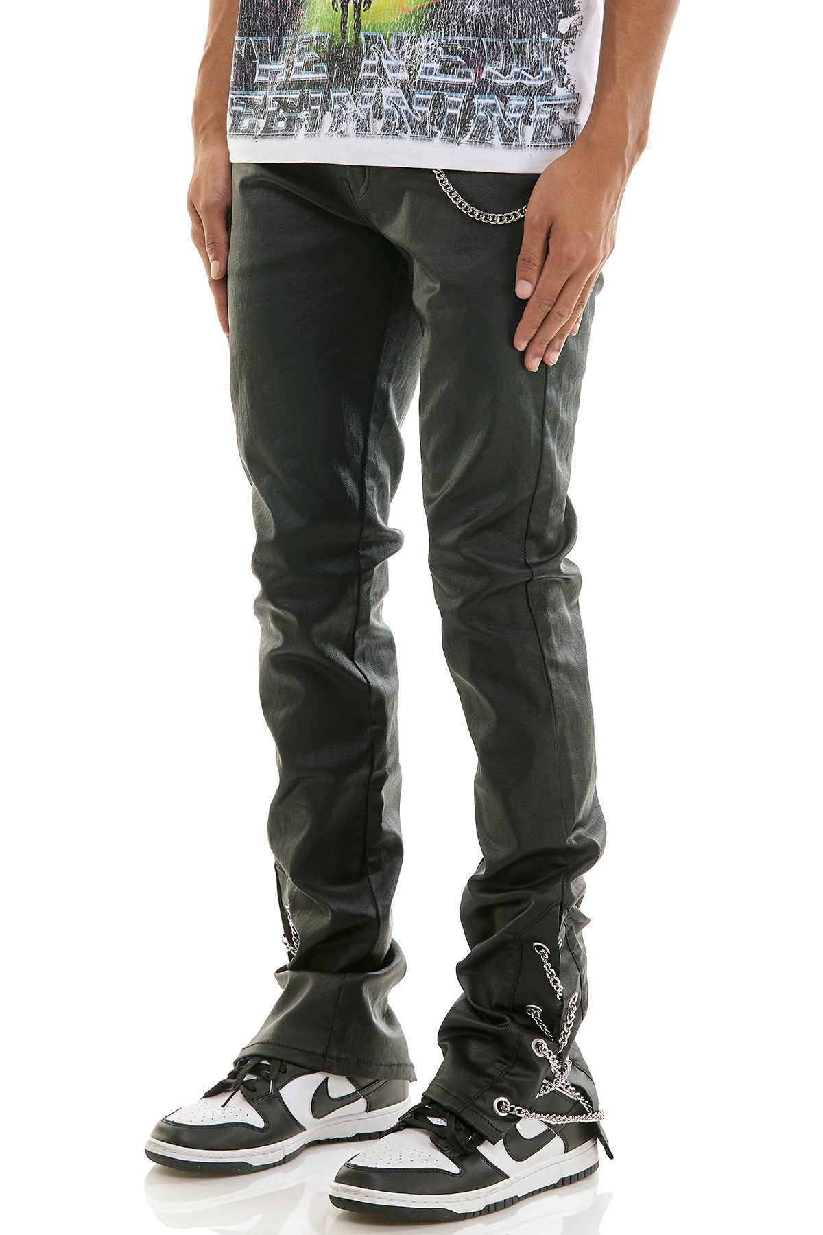 Men's Chain Waxed Stacked Jeans - Side Detail Black Pants