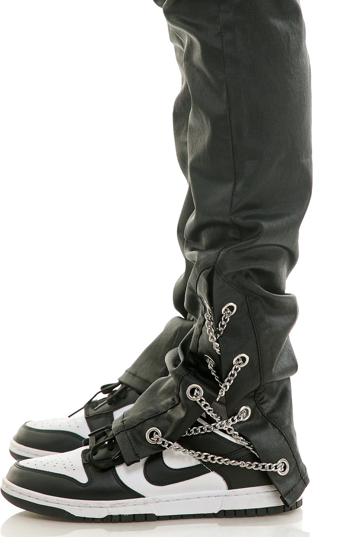 Men's Chain Waxed Stacked Jeans - Side Detail Black Pants