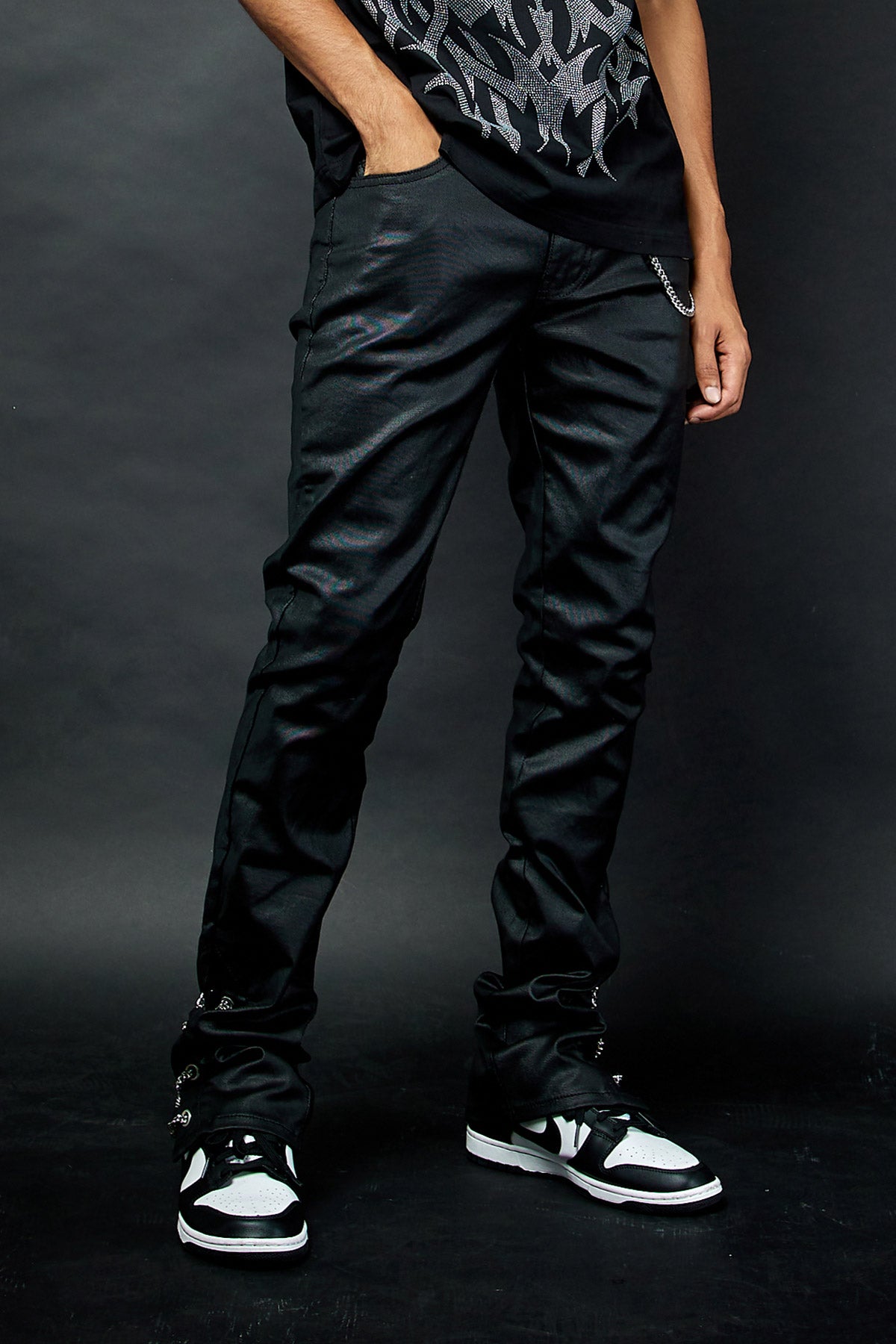 Men's Chain Waxed Stacked Jeans - Side Detail Black Pants