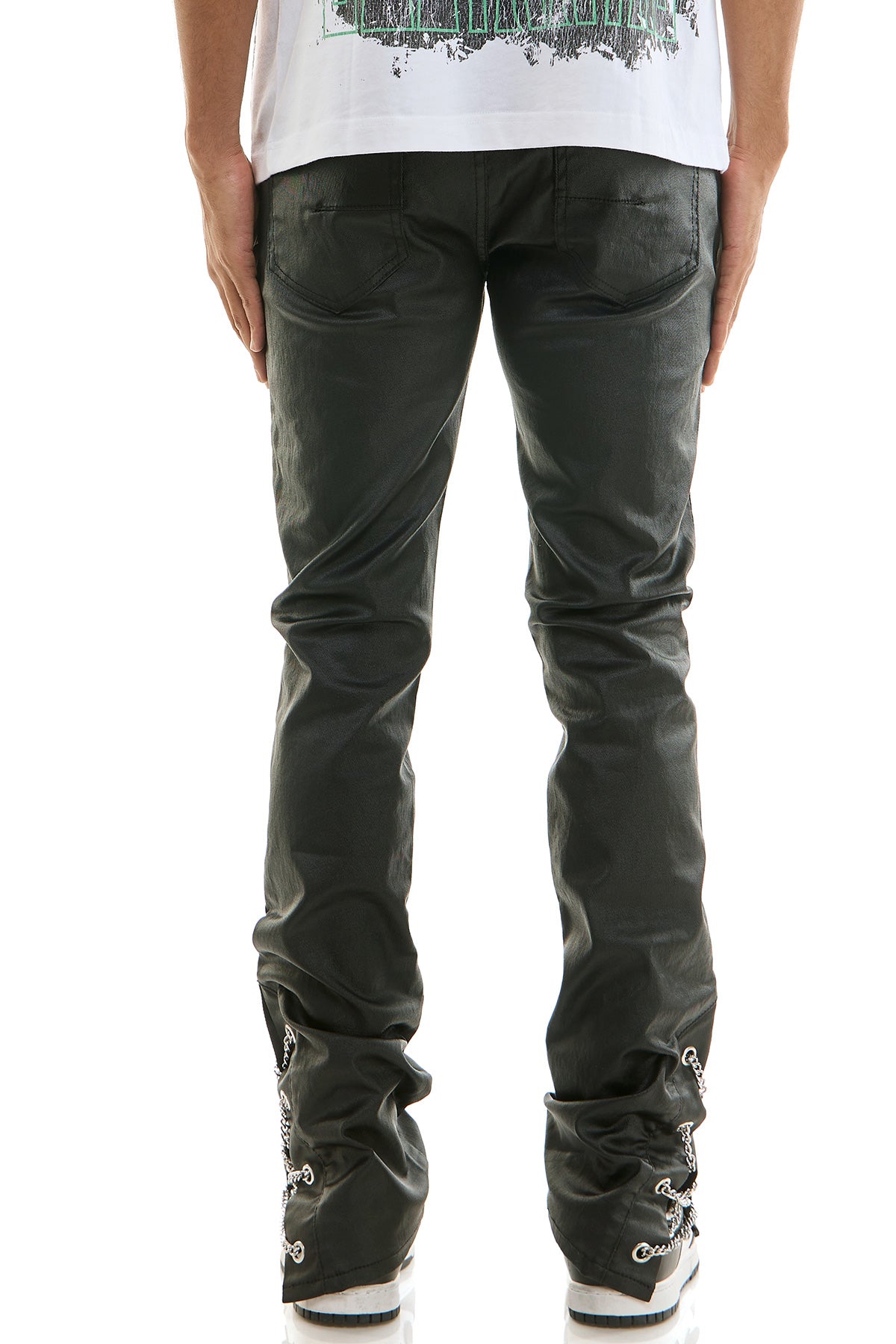 Men's Chain Waxed Stacked Jeans - Side Detail Black Pants