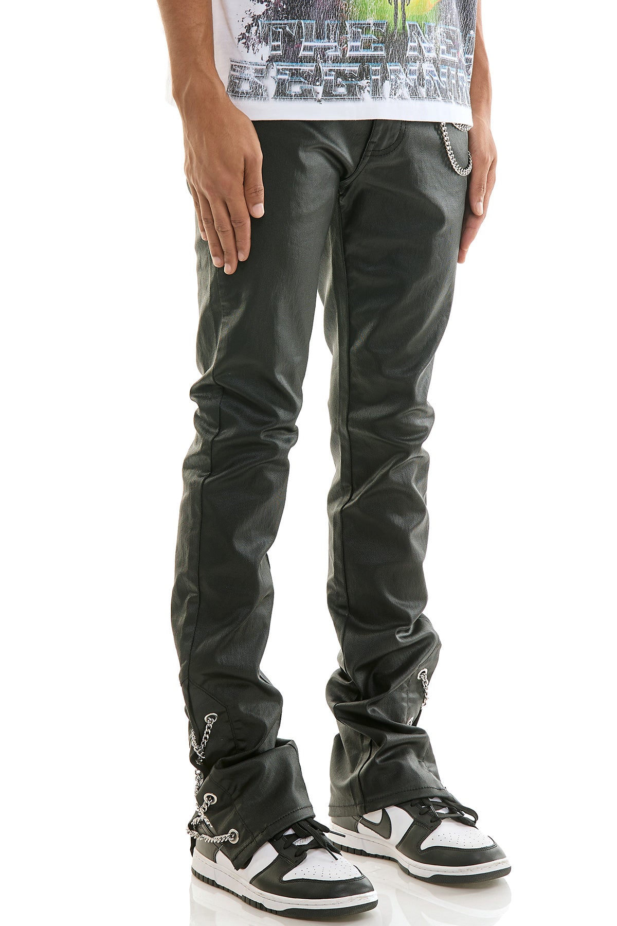 Men's Chain Waxed Stacked Jeans - Side Detail Black Pants