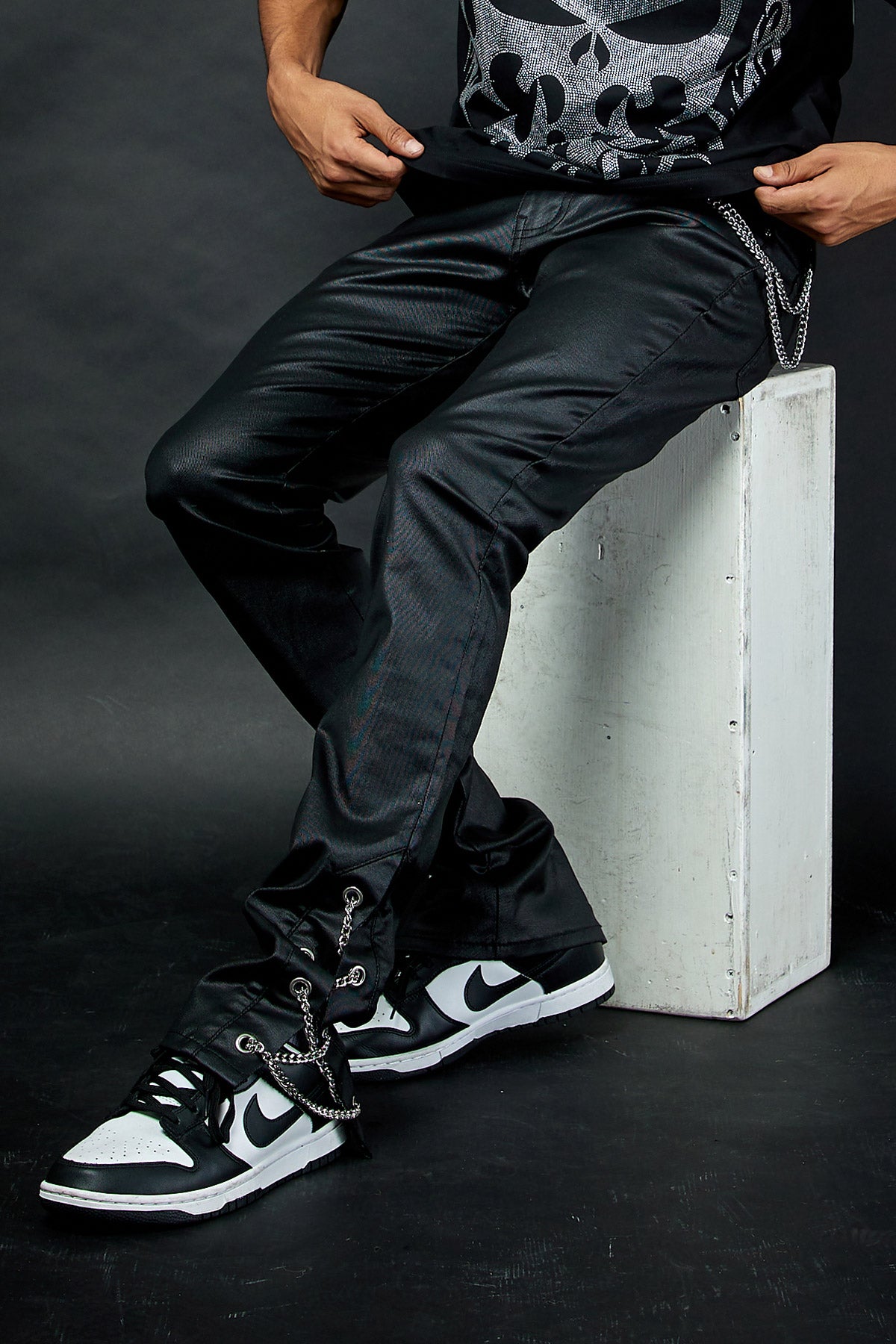 Men's Chain Waxed Stacked Jeans - Side Detail Black Pants