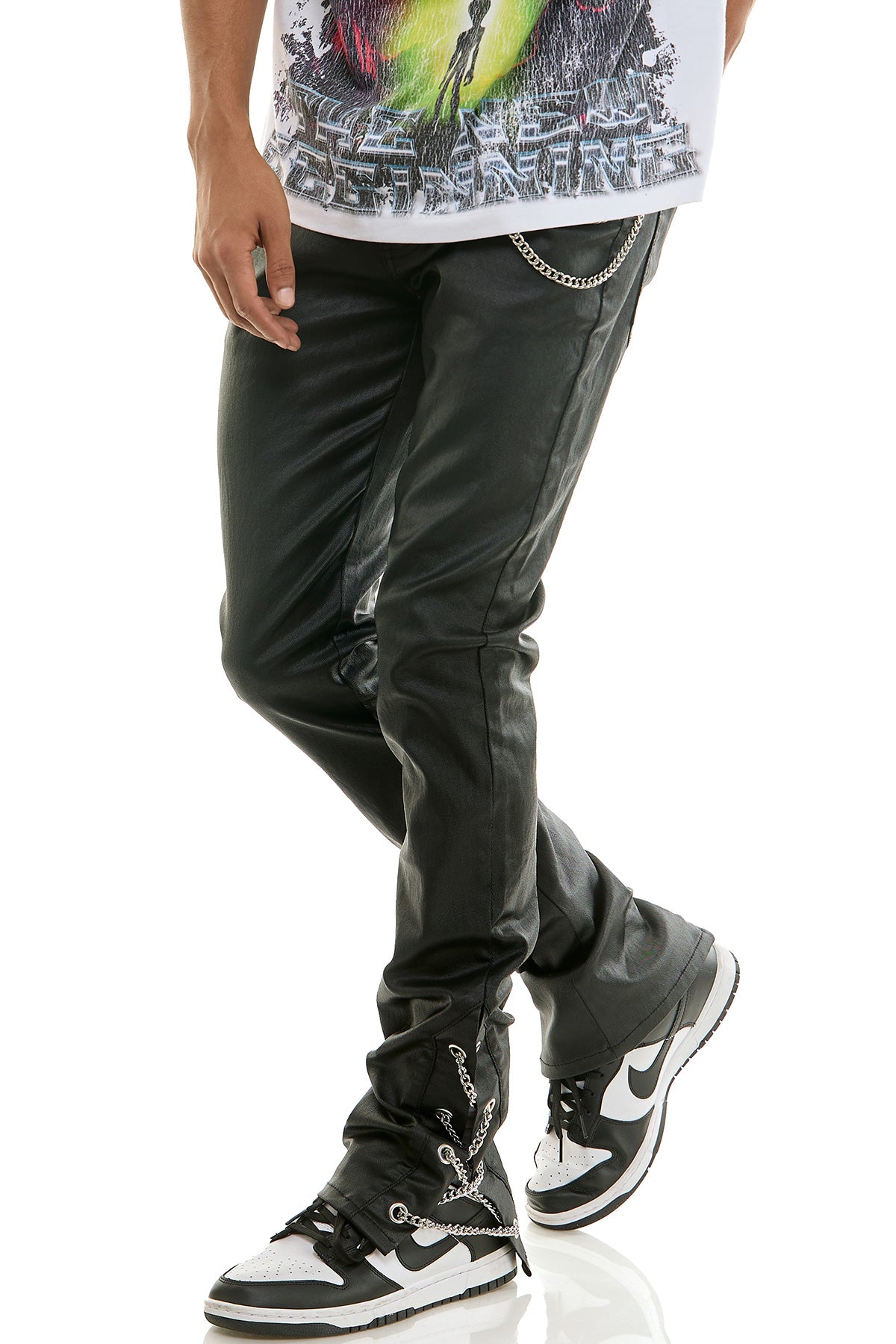 Men's Chain Waxed Stacked Jeans - Side Detail Black Pants