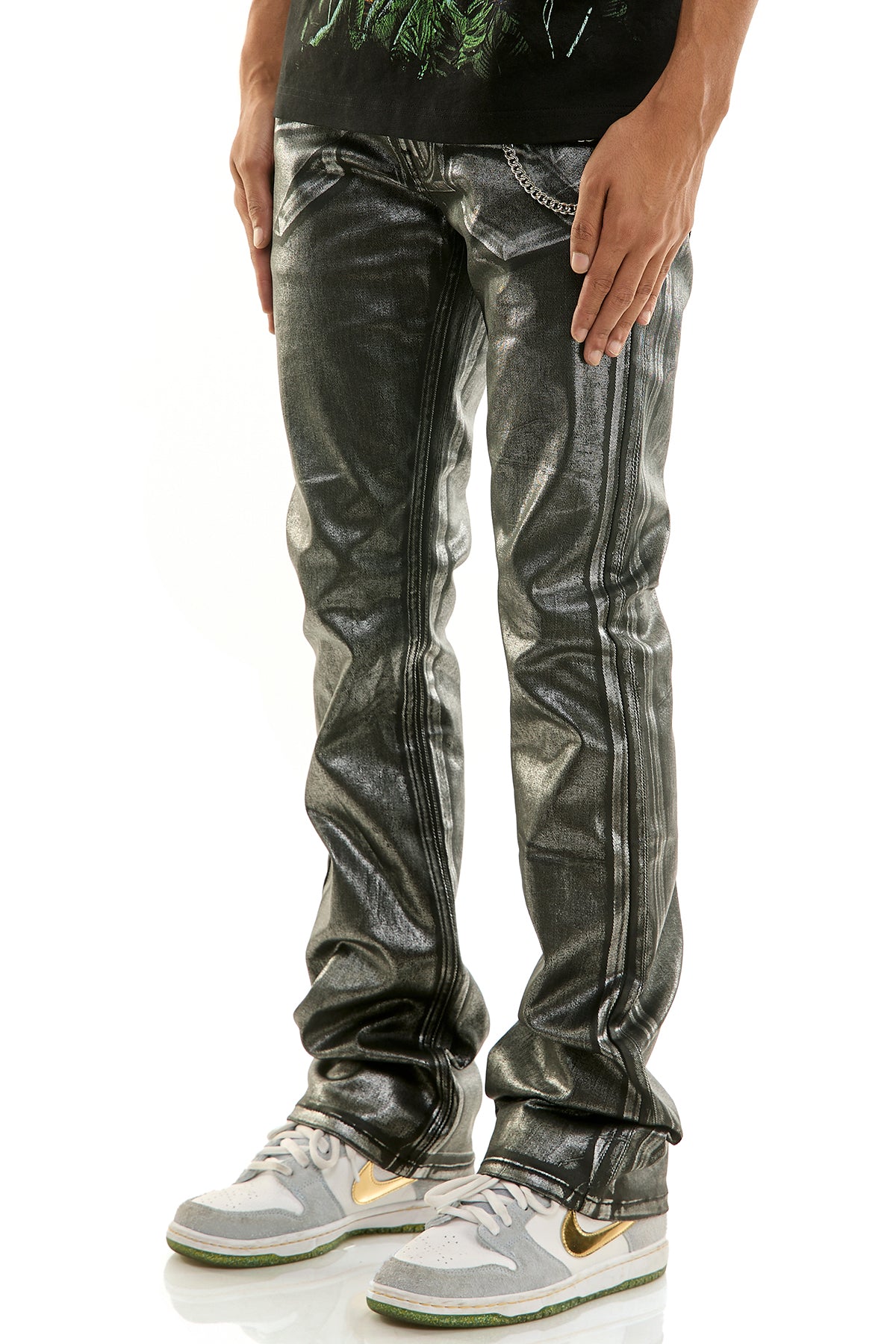 Men's Chrome Skinny Flare Pants - Black Metallic Foil Denim