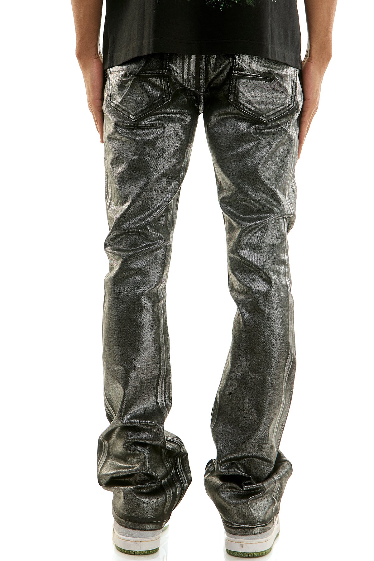 Men's Chrome Skinny Flare Pants - Black Metallic Foil Denim
