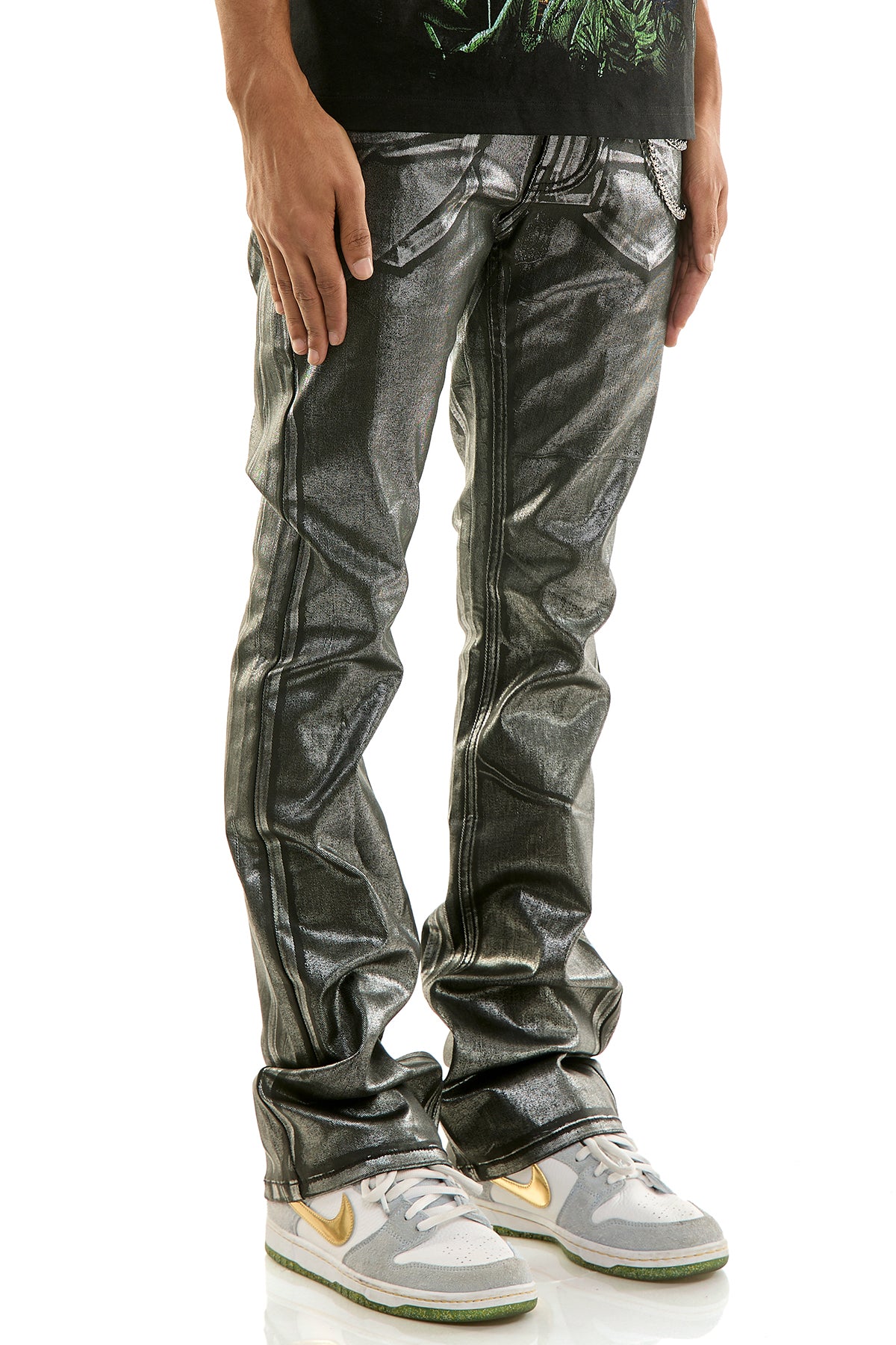 Men's Chrome Skinny Flare Pants - Black Metallic Foil Denim