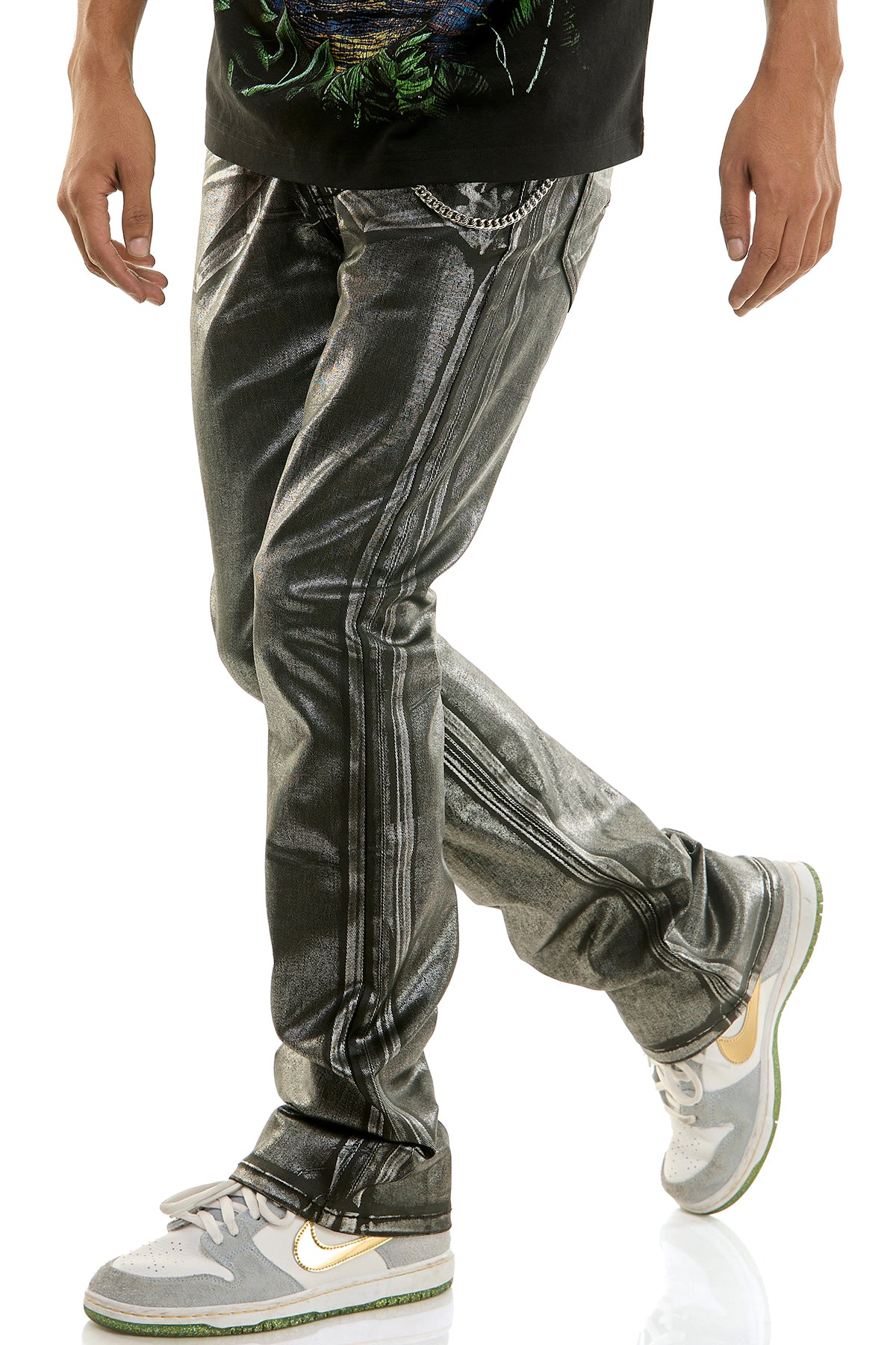 Men's Chrome Skinny Flare Pants - Black Metallic Foil Denim